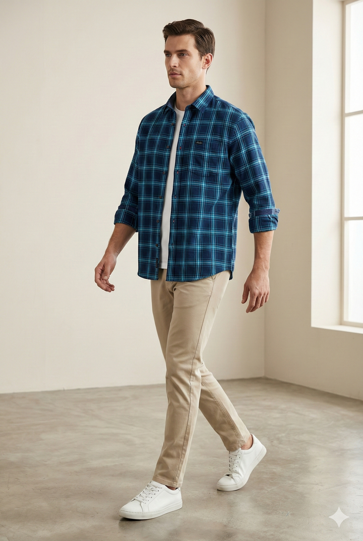 Men's Premium Navy & Teal Plaid Check Shirt - 23630