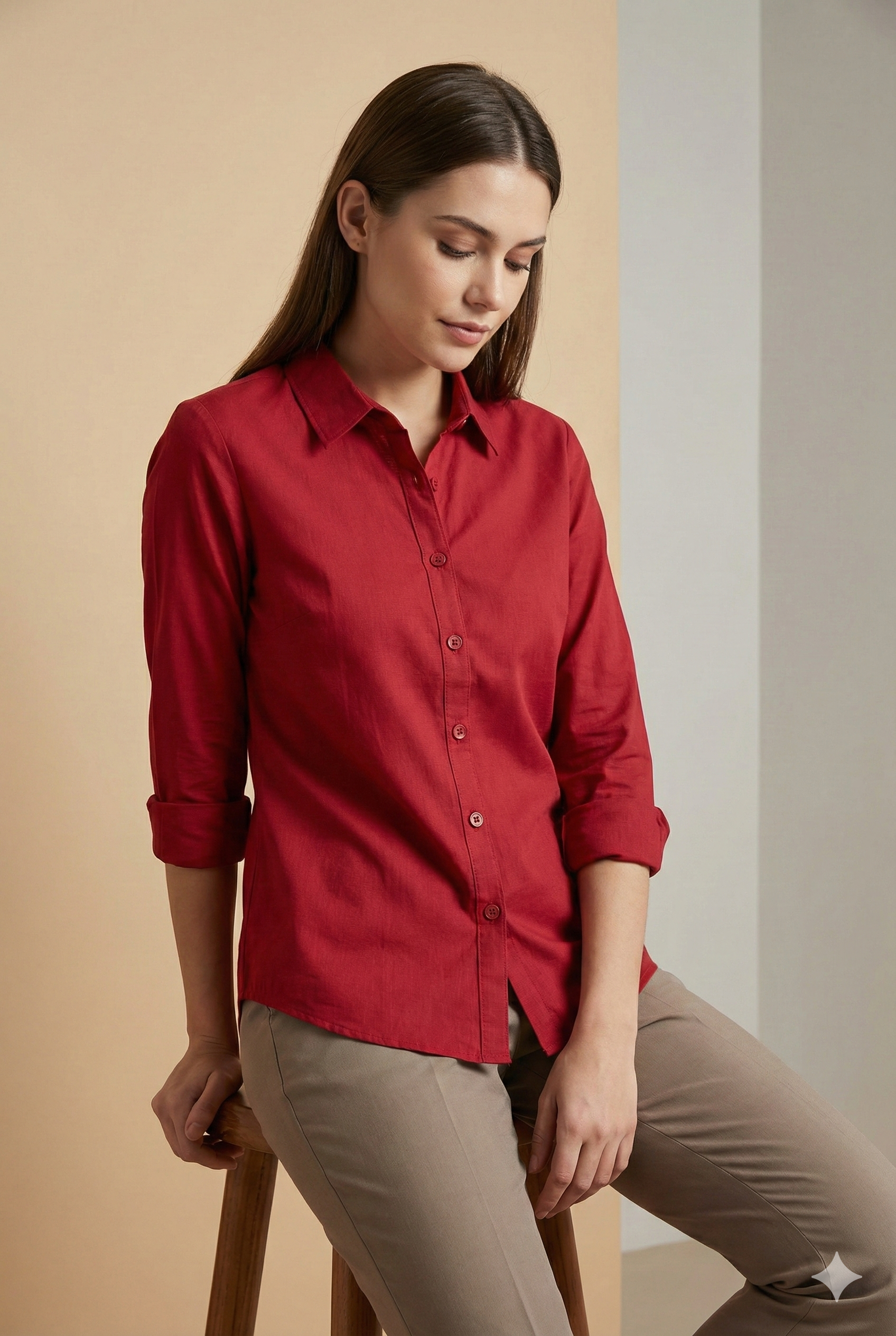 Women’s Solid Red Classic Collared Shirt | Elegant Casual Wear - 25515