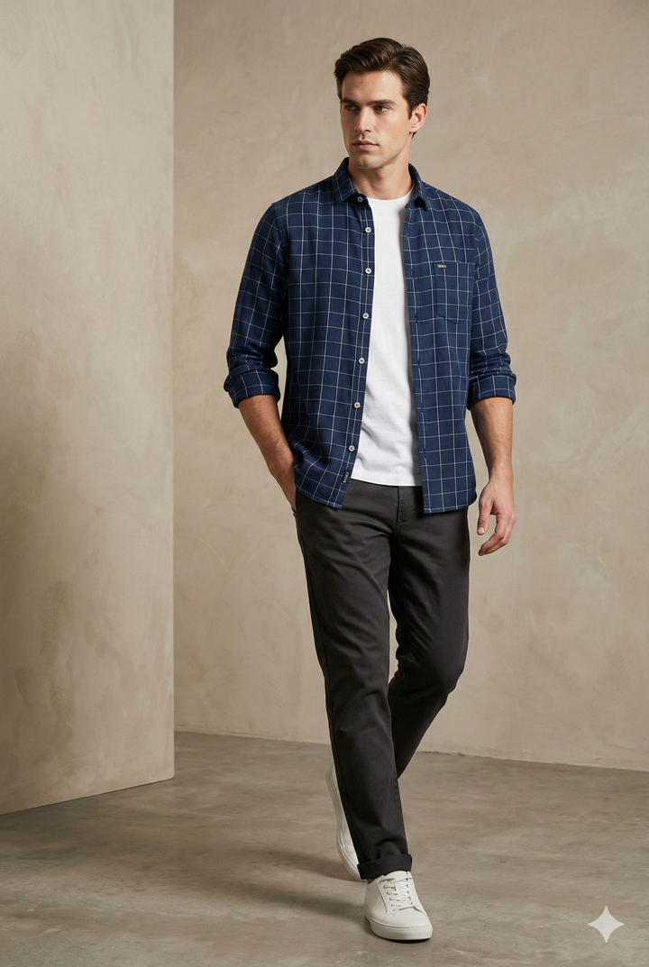 Rocck’z Men’s Premium Navy Blue Windowpane Check Shirt - 23204