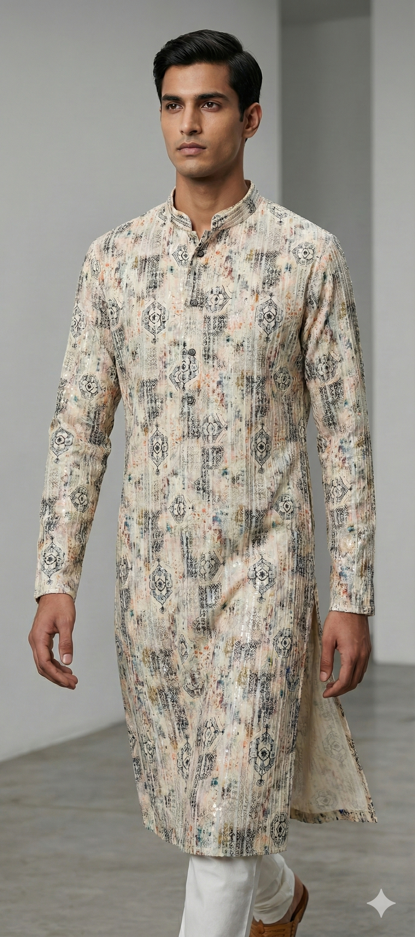 Men’s Ivory Printed Textured Kurta Pajama - 26404