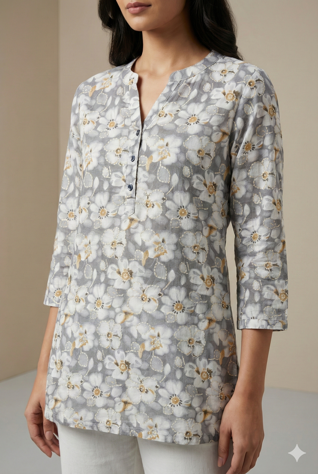 Grey Floral Printed Women’s Short Kurti - 25357