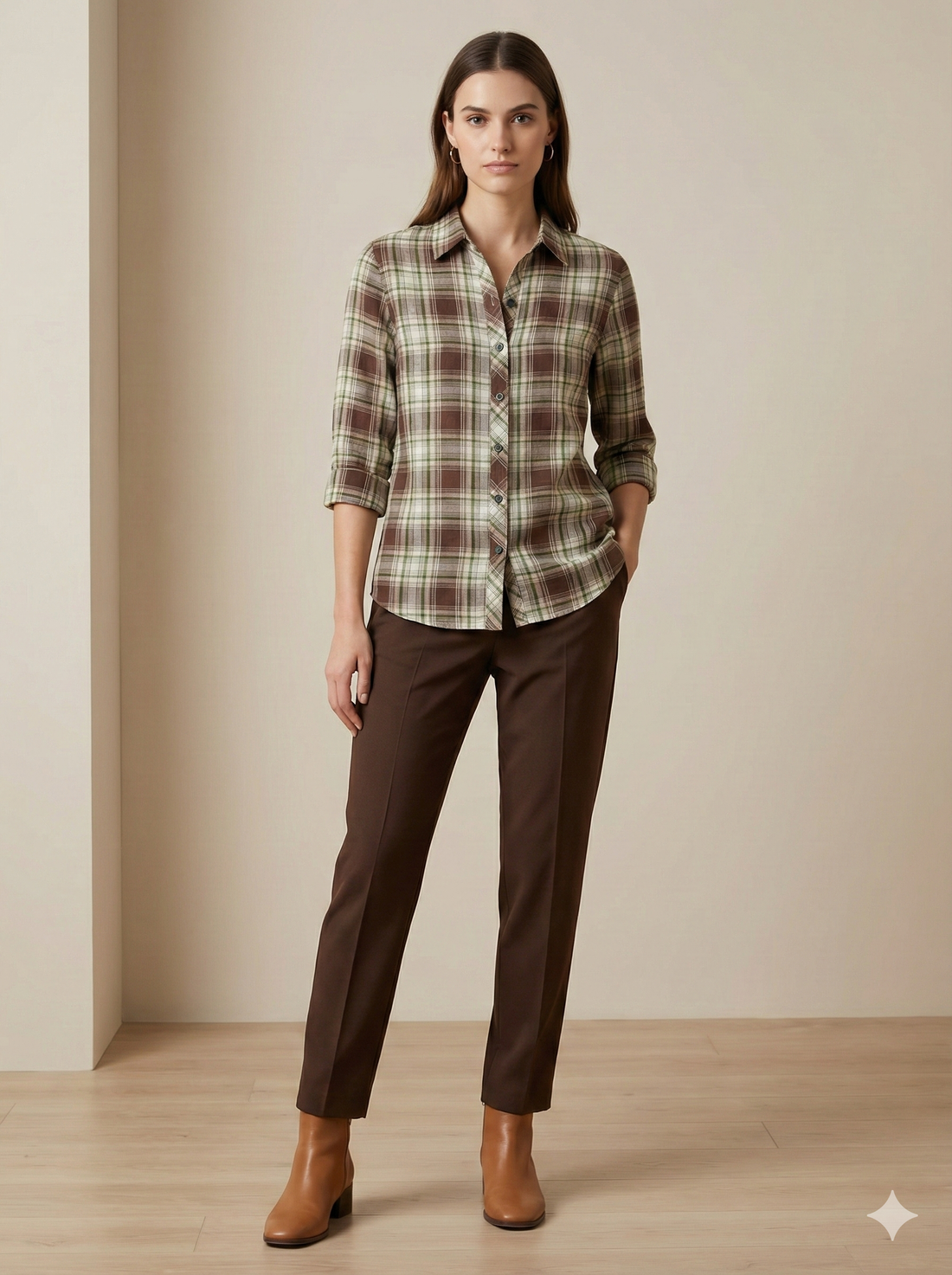 Women’s Brown & Green Checked Casual Shirt – 25224