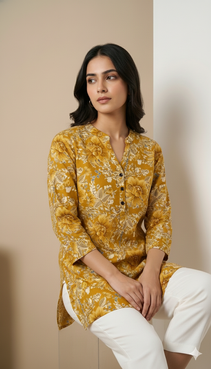 Mustard Floral Printed Hip-Length Kurti with V-Notch Neckline & 3/4 Sleeves – 26193