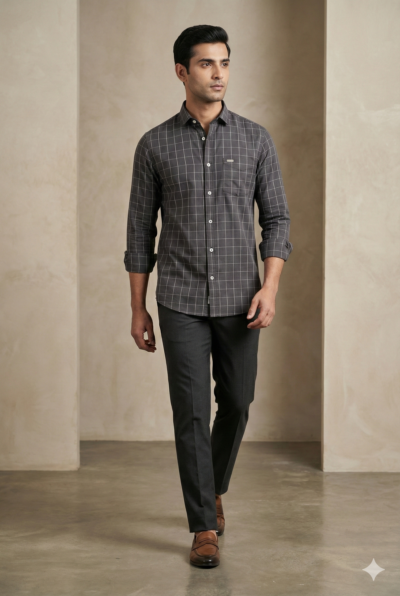 Men’s Premium Charcoal Grey Checkered Formal Shirt - 23206