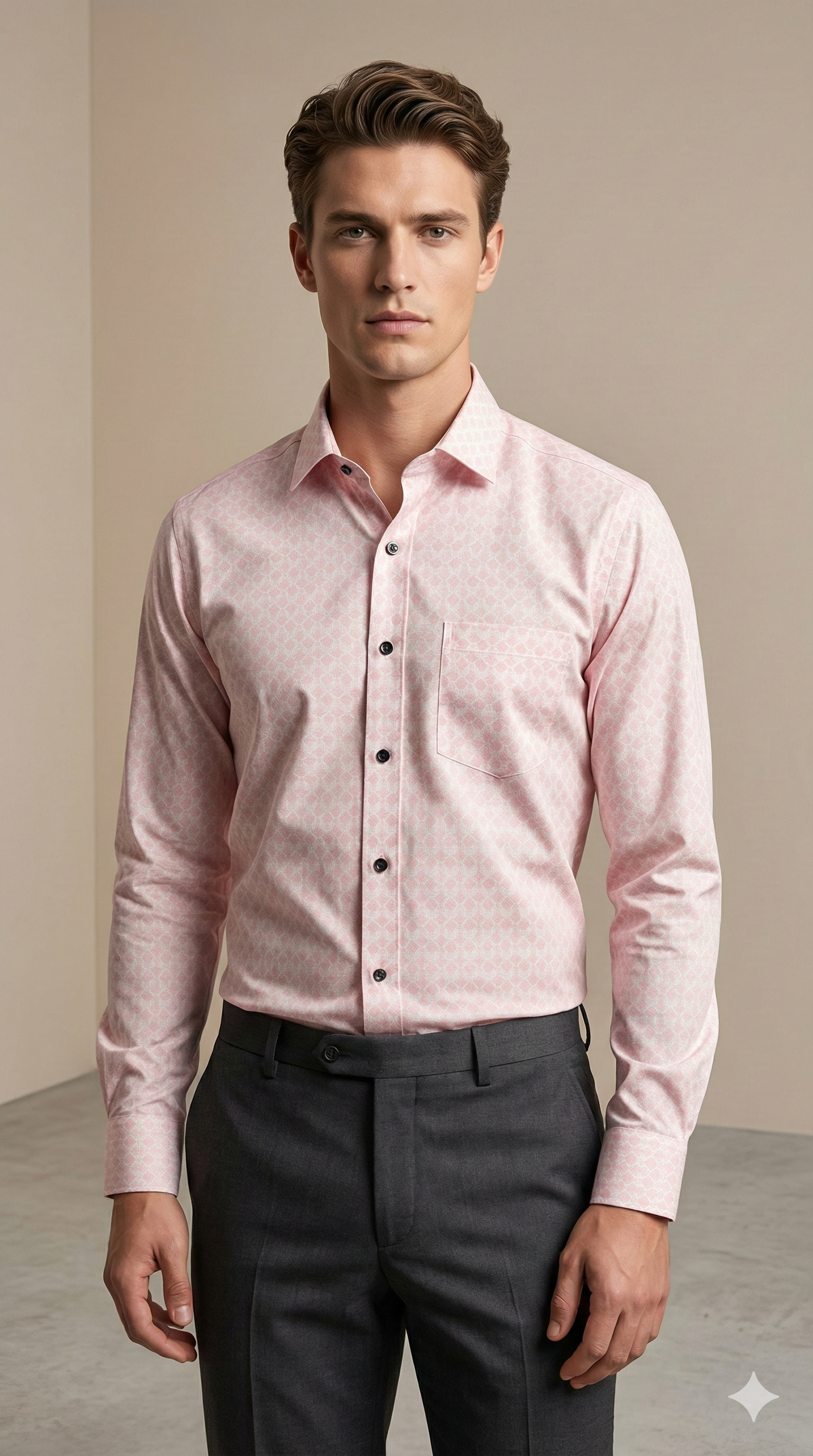 Men’s Premium Cotton Printed Casual Shirt – Soft Pink Geometric Pattern - 25501