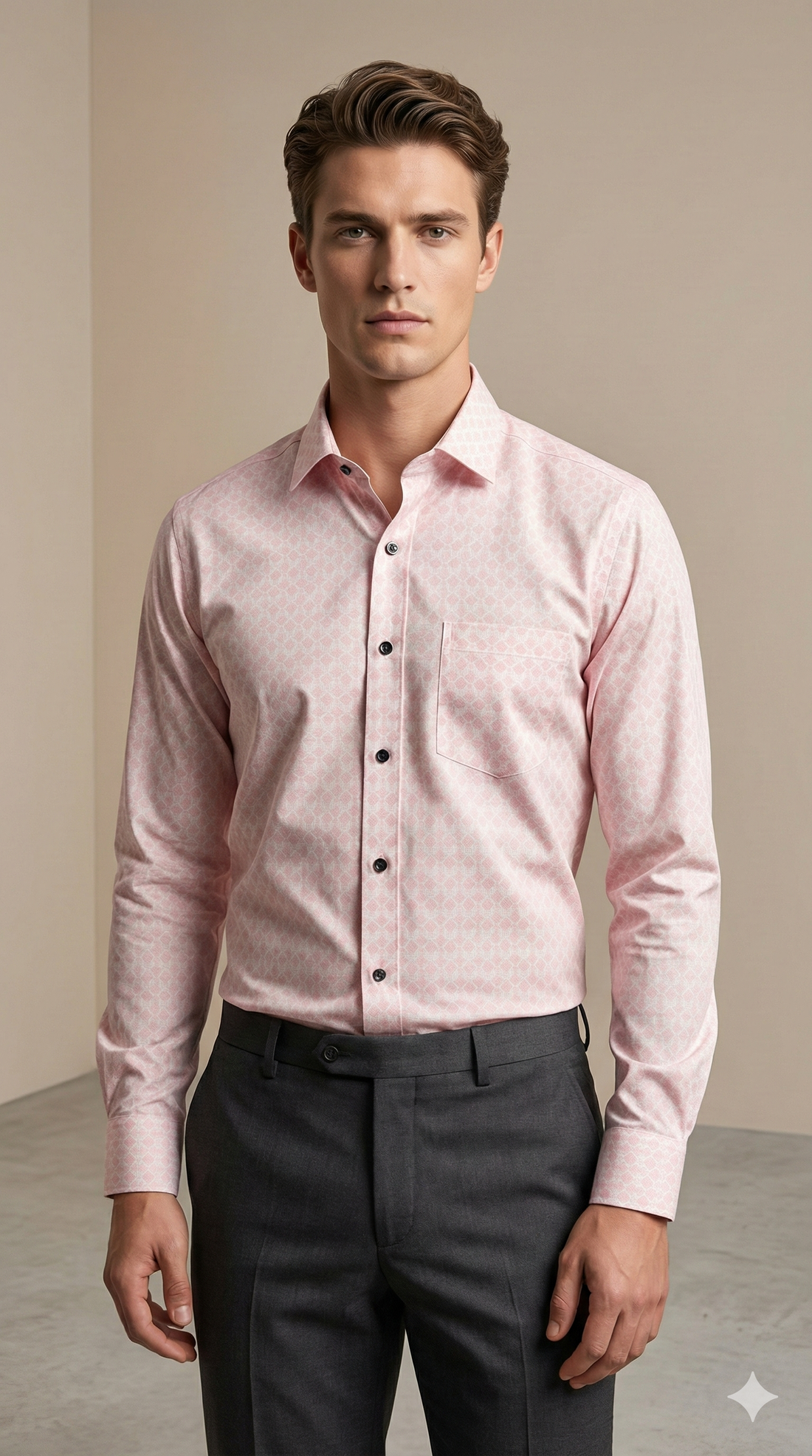 Men’s Premium Cotton Printed Casual Shirt – Soft Pink Geometric Pattern - 25501