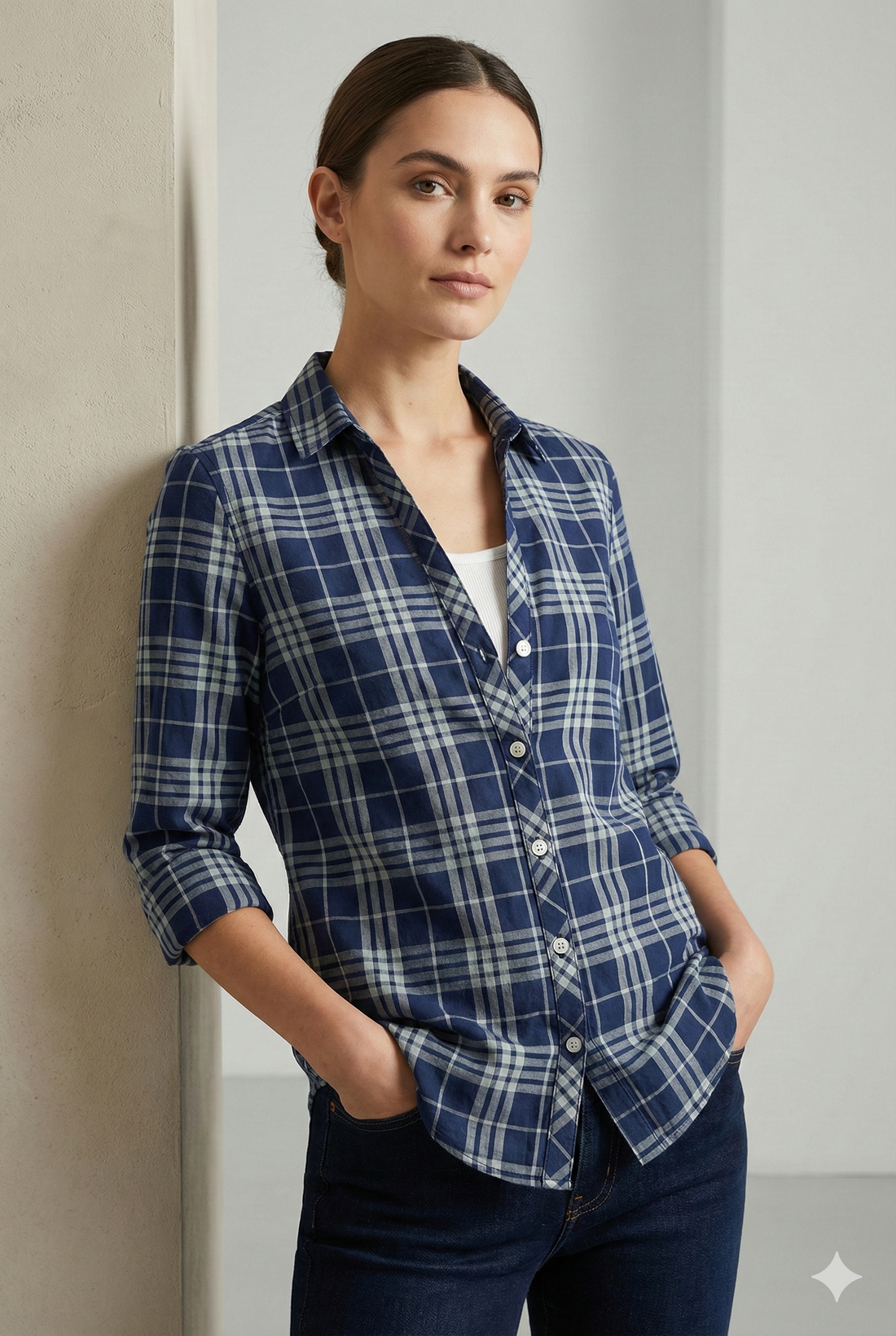 Women’s Navy Blue Classic Checkered Casual Shirt - 25279