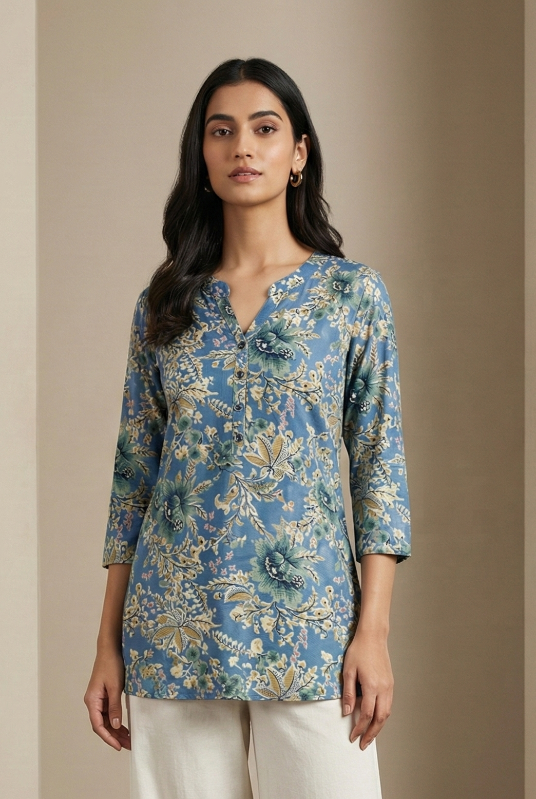 Women’s Blue Floral Printed Kurti Soft Cotton Blend - 26192