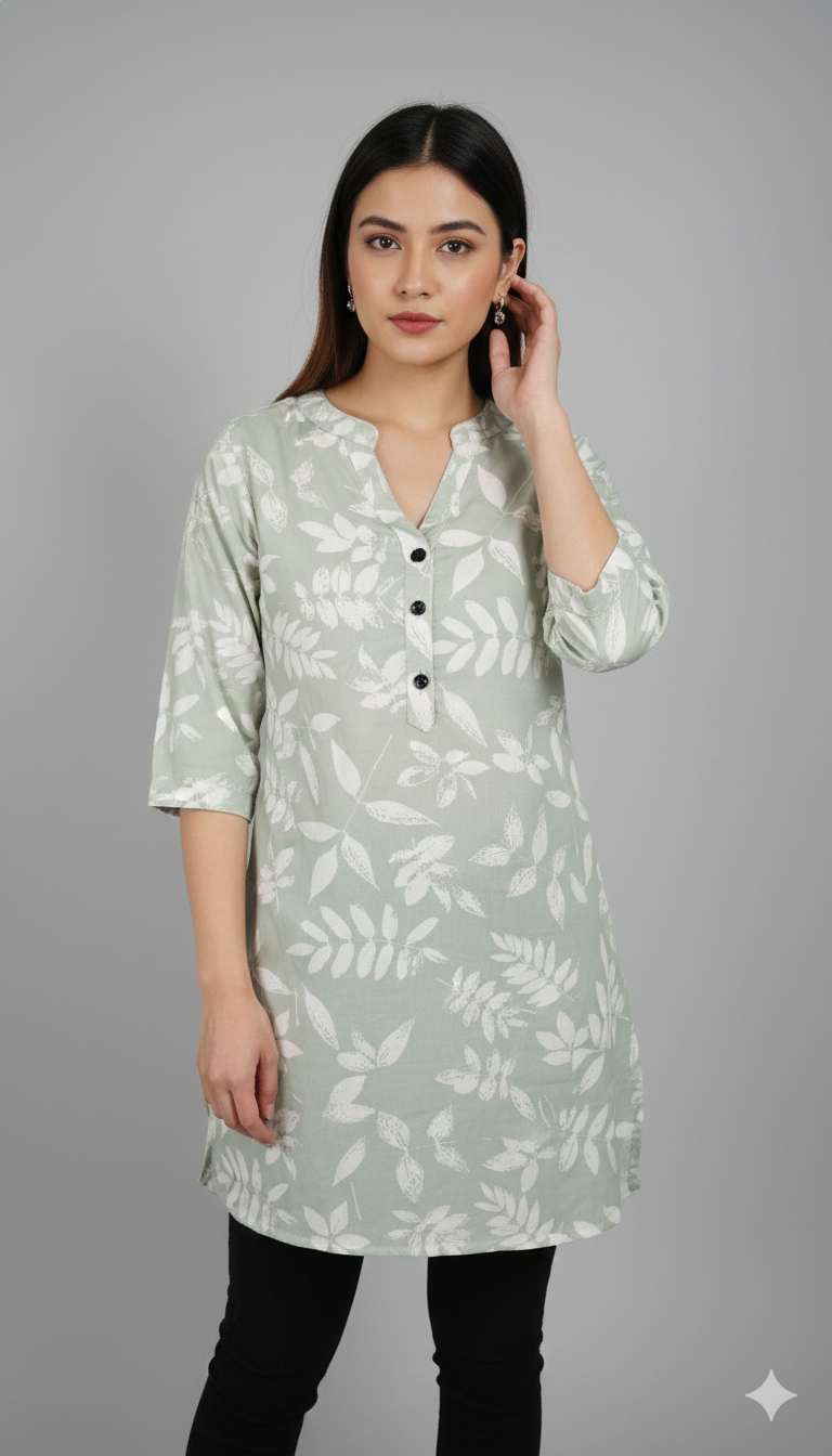 Sage Green Leaf-Print Soft V-Notch Neck Kurti - 26212