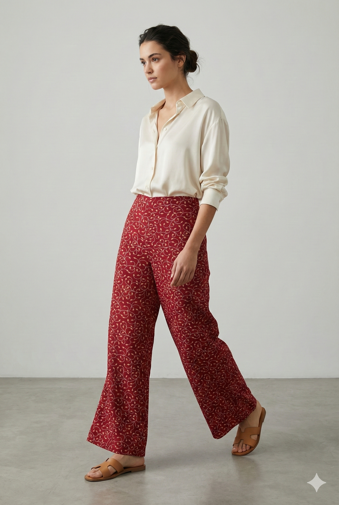Maroon Printed Palazzo Pants with Leaf Vine Design - 26285