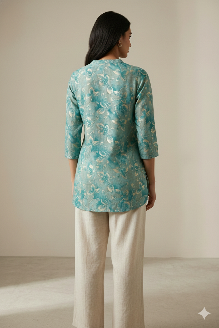 Aqua Green Leaf-Print Hip-Length Kurti with V-Notch Neckline & 3/4 Sleeves - 26186