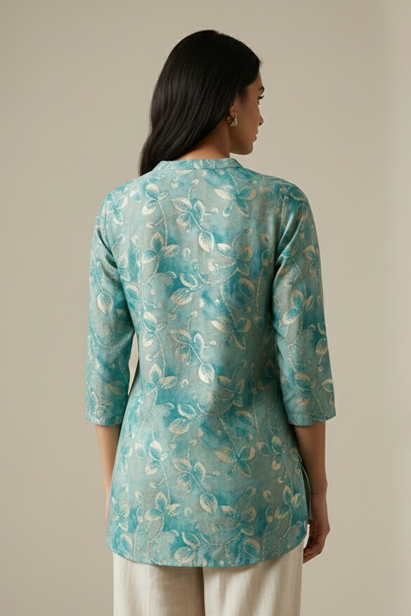 Aqua Green Leaf-Print Hip-Length Kurti  - 26186