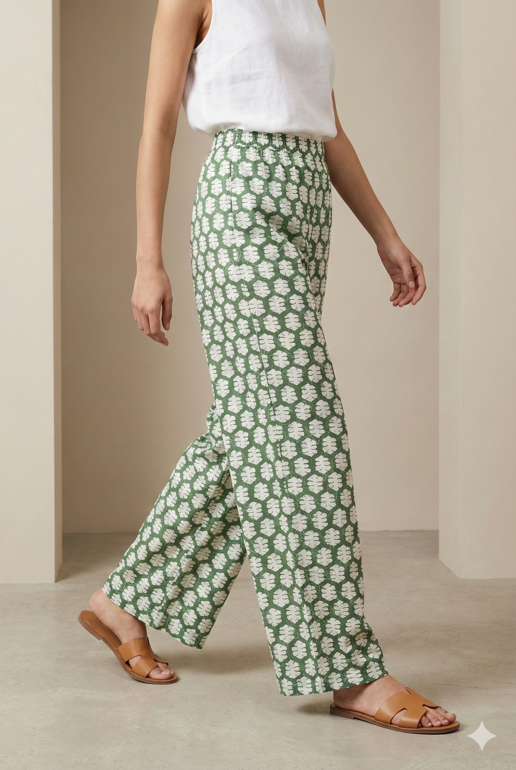 Green Tropical Leaf Print Elastic Waist Palazzo Pants - 26344