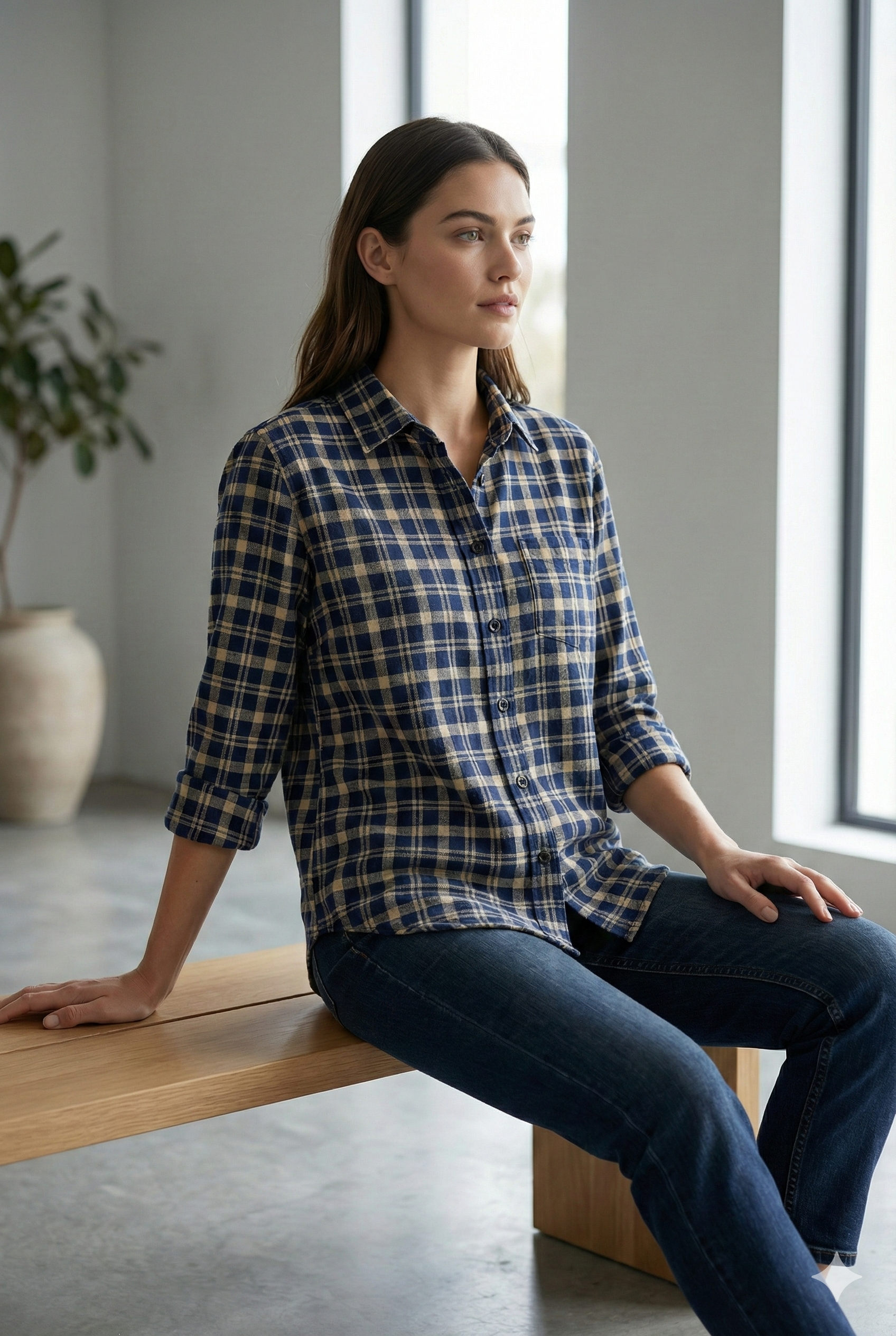 Women’s Navy & Beige Checkered Casual Button-Down Shirt - 24123