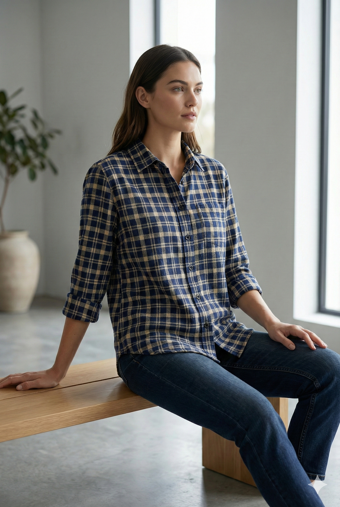Women’s Navy & Beige Checkered Casual Button-Down Shirt - 24123