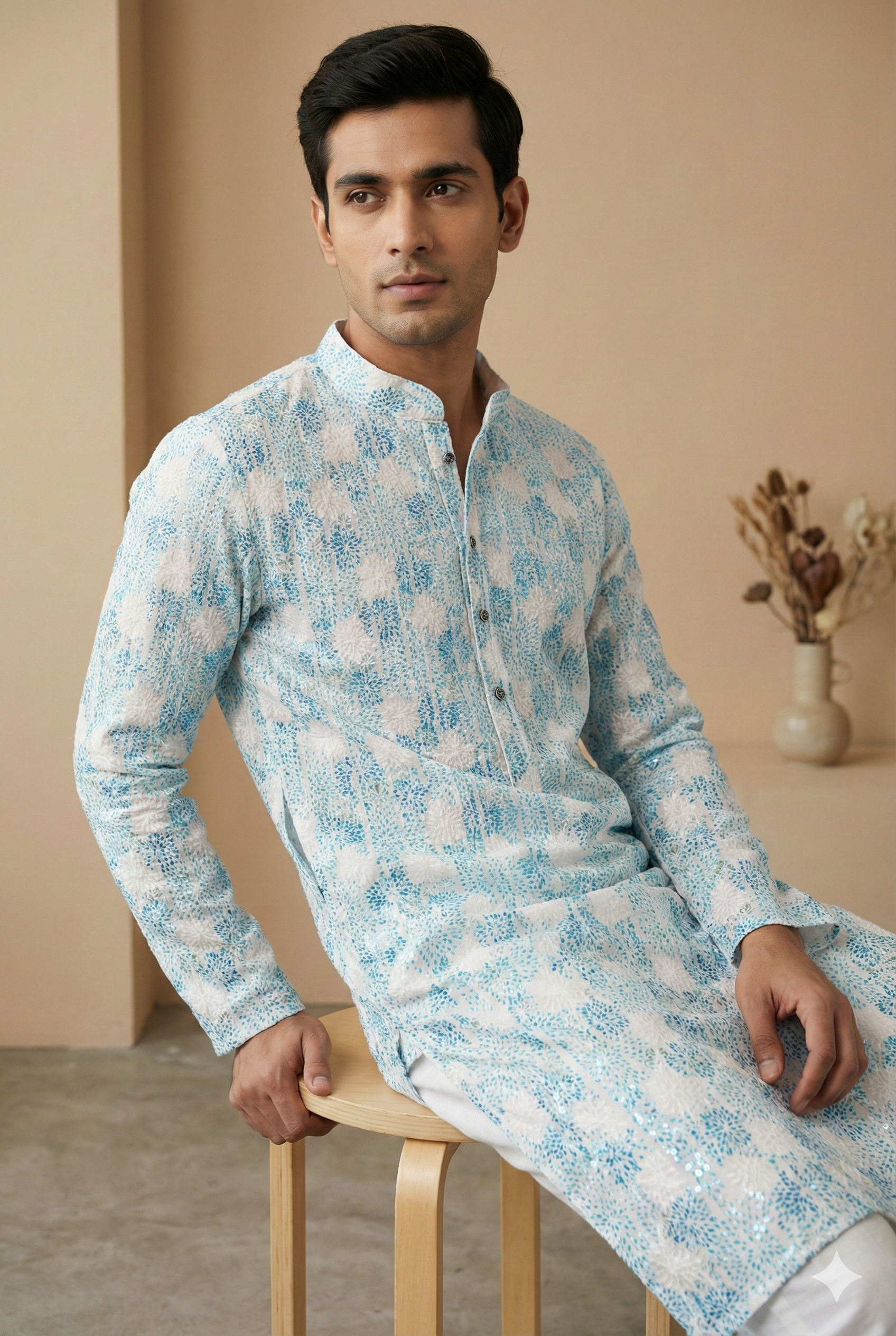 Aqua Blue & White Embroidered Sequin Work Cotton Kurta for Men - 26409