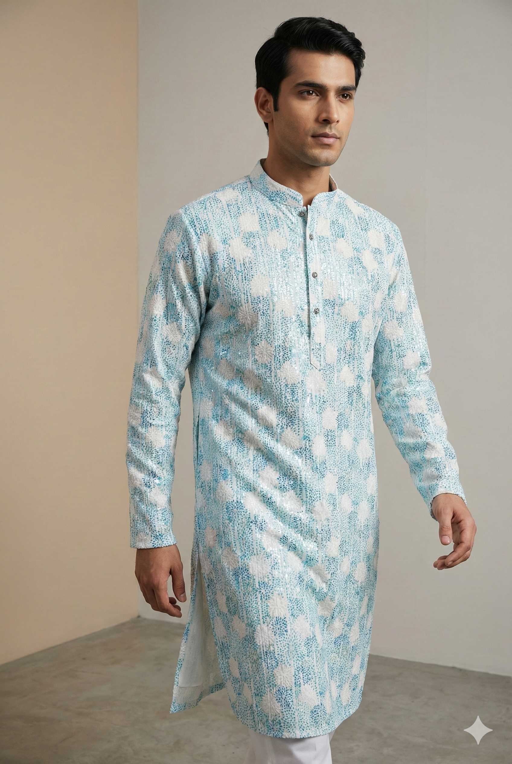 Aqua Blue & White Embroidered Sequin Work Cotton Kurta for Men - 26409