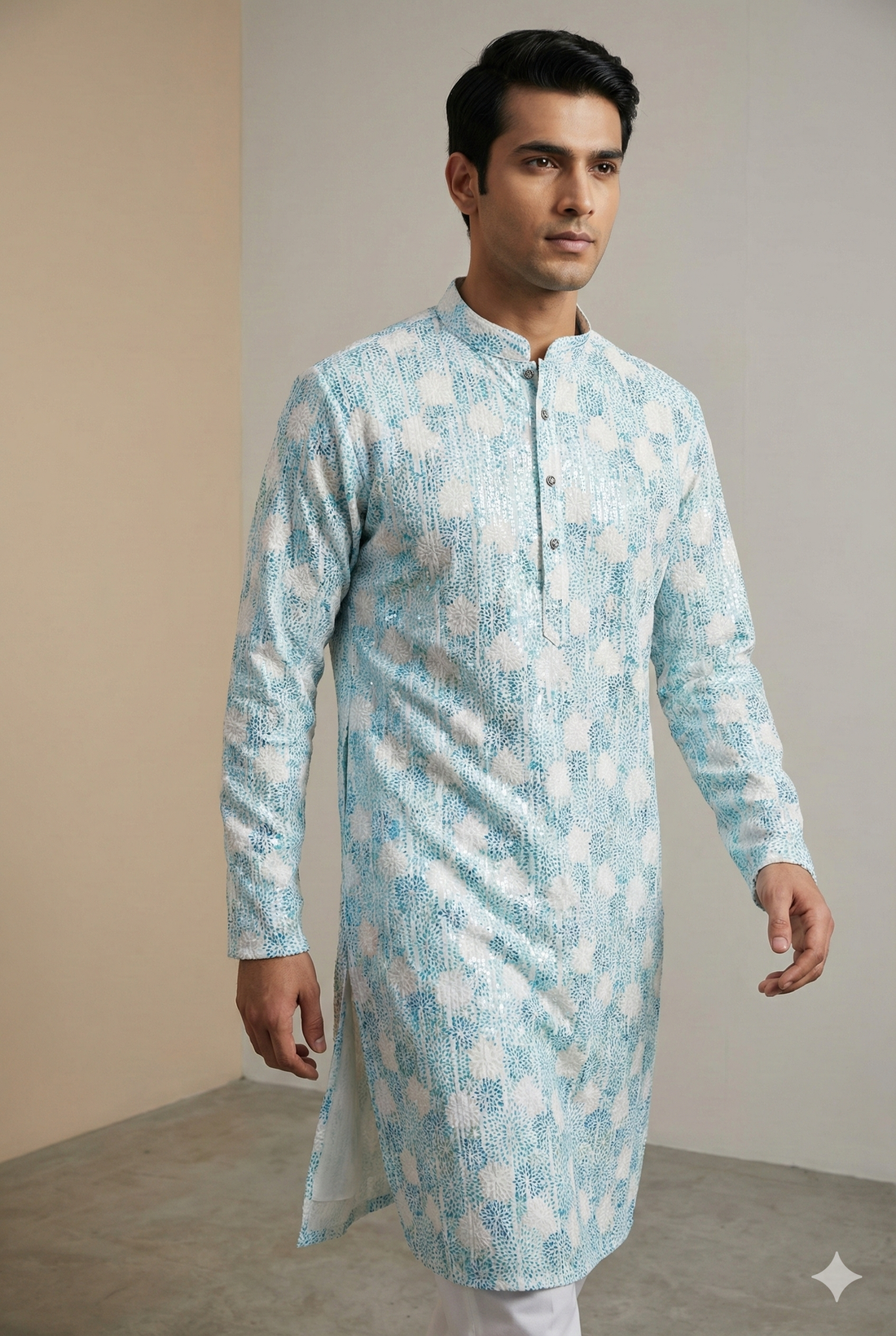 Aqua Blue & White Embroidered Sequin Work Cotton Kurta for Men - 26409