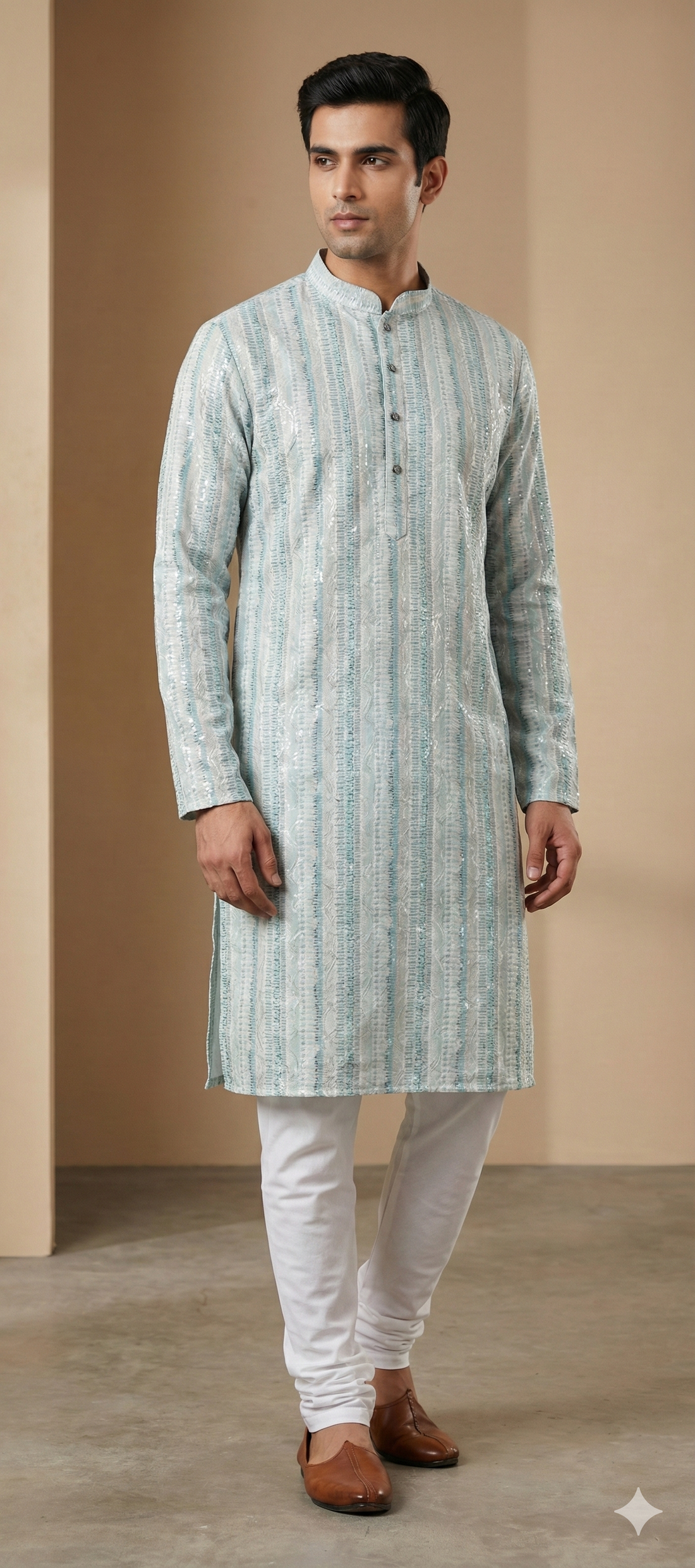 Pastel Blue Sequence Stone Work Textured Kurta Pajama for Men - 26415