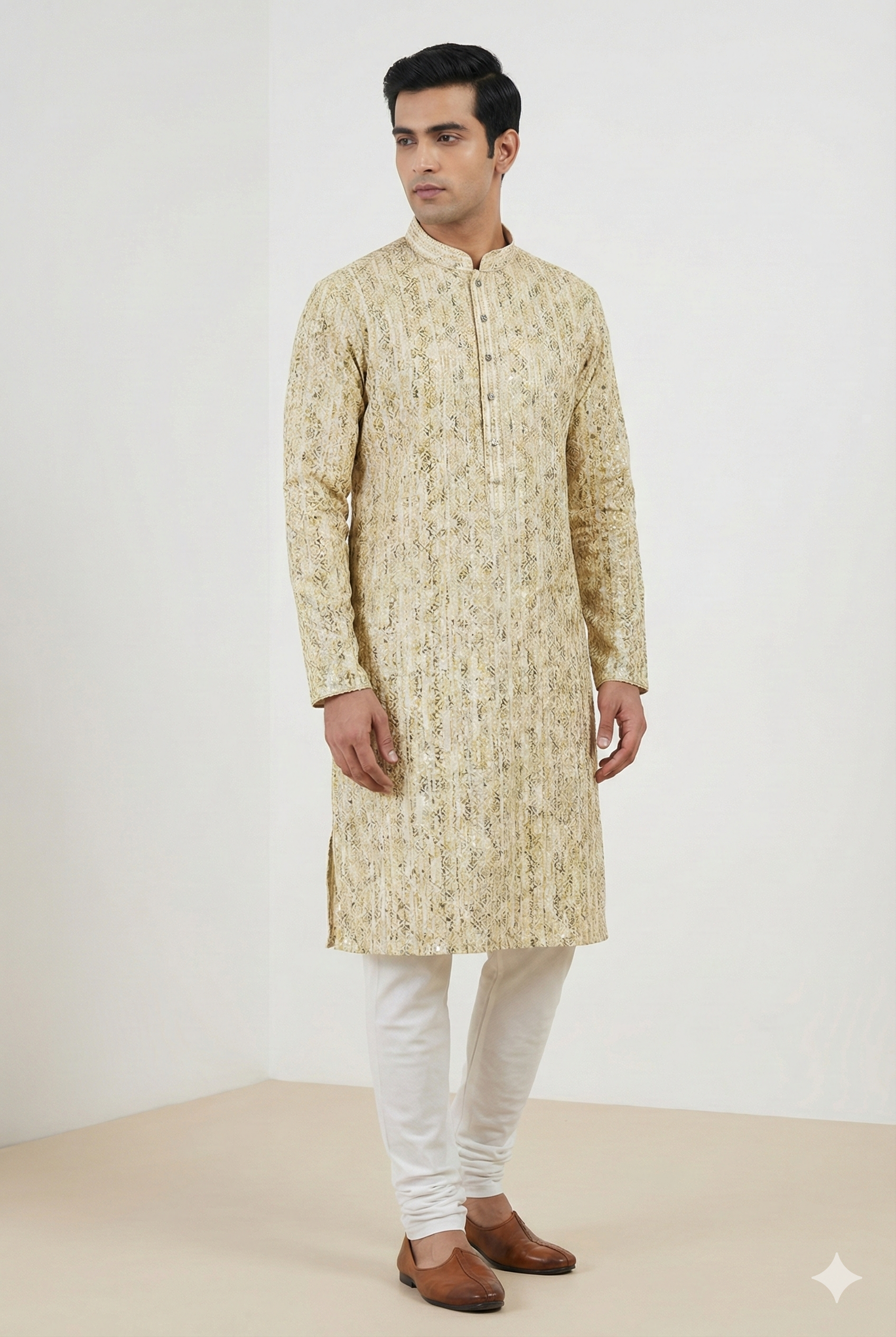 Men’s Ivory & Olive Printed Textured Kurta Pajama - 26416