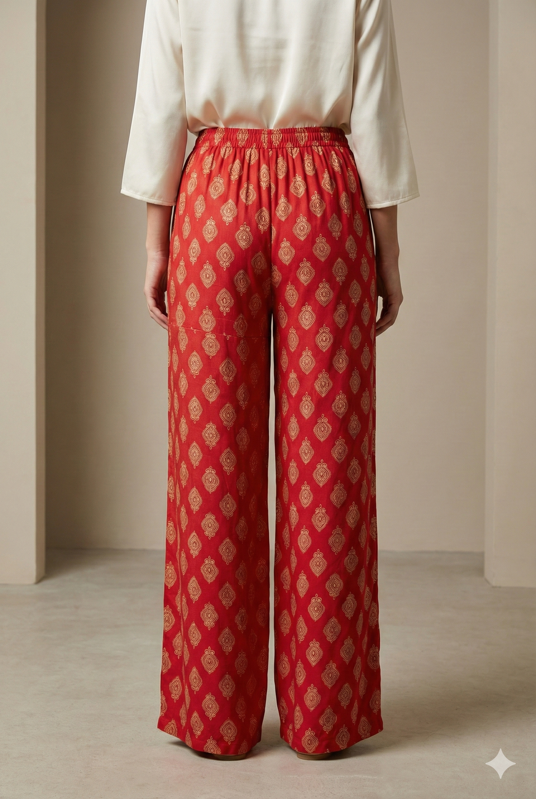 Red Ethnic Motif Print Elastic Waist Palazzo - 26290