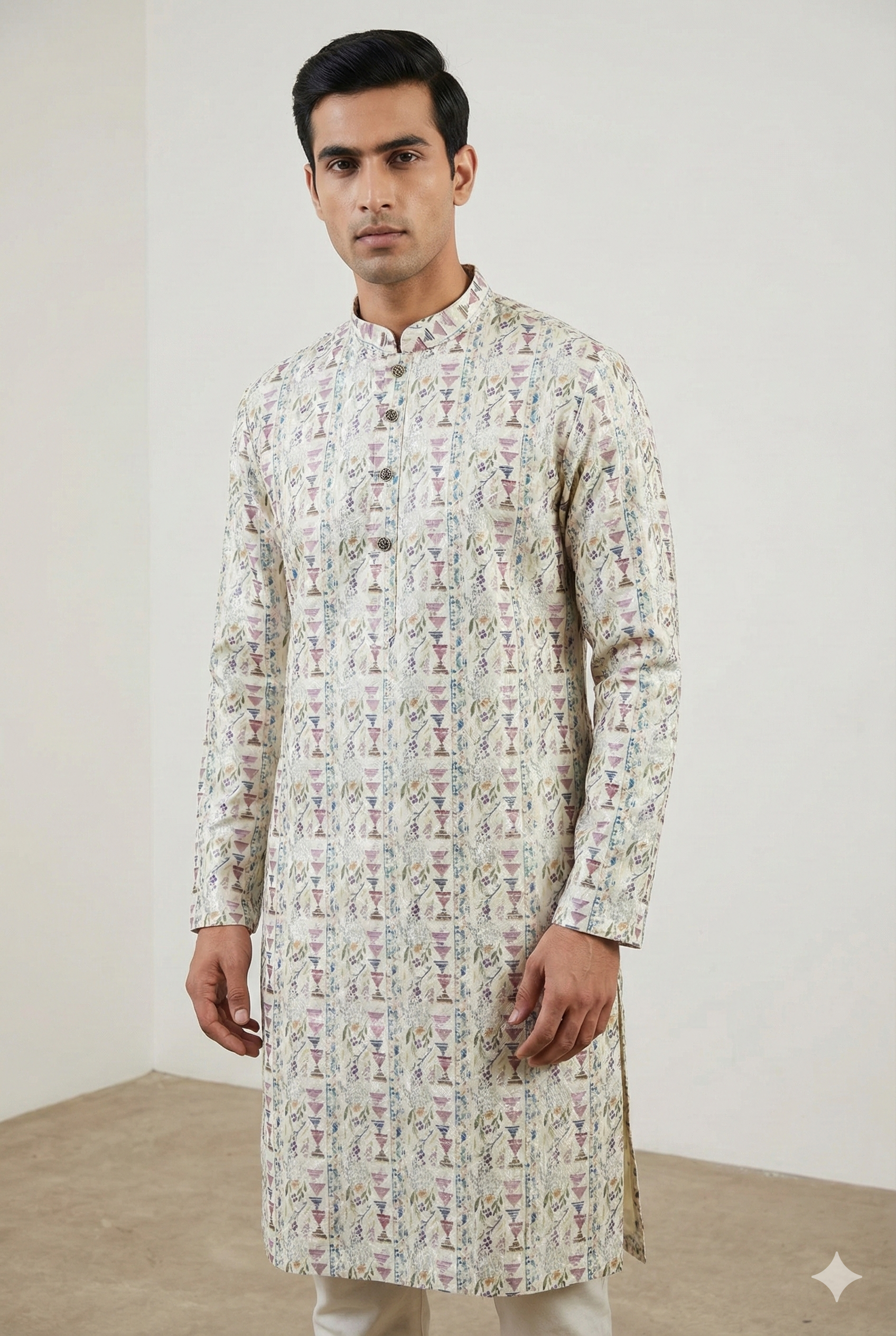 Men’s Ivory Printed Kurta Pajama -  26396