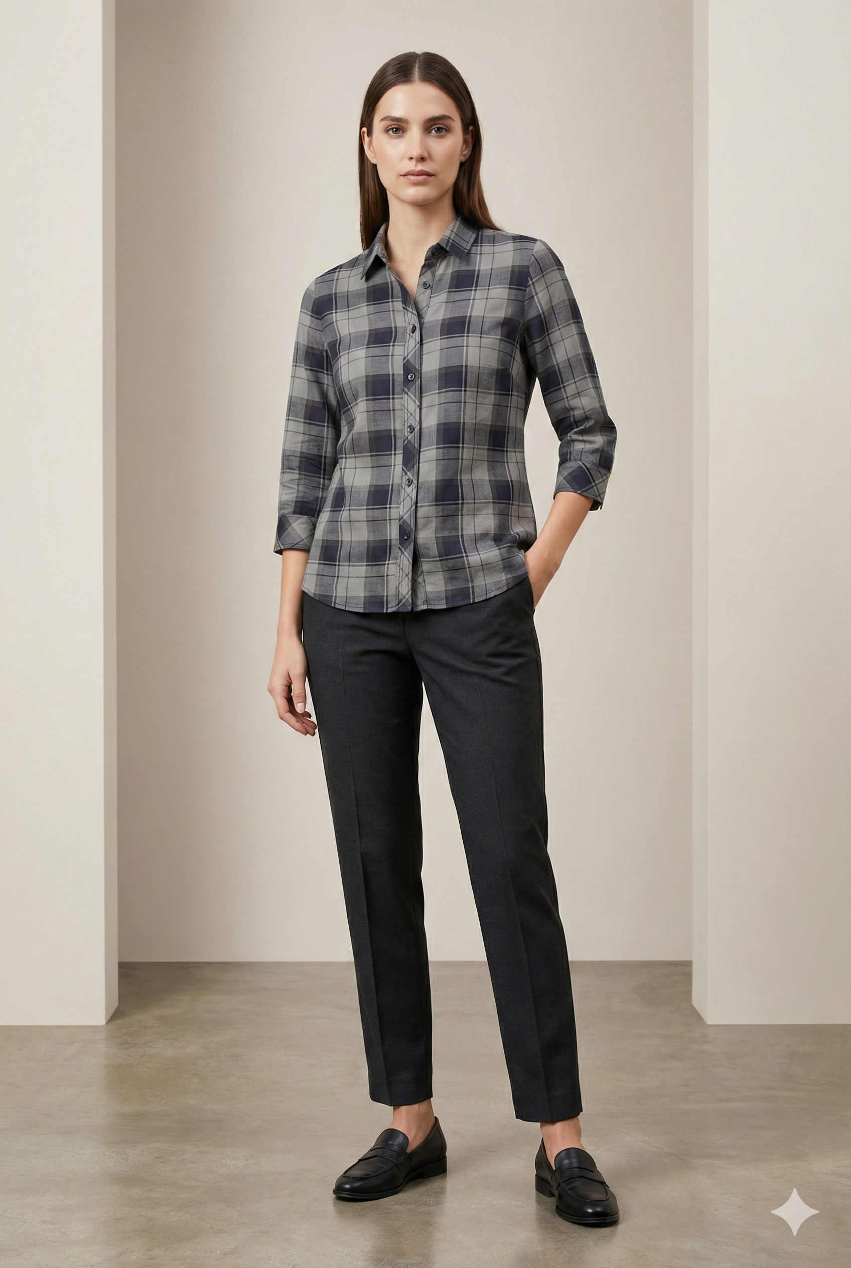 Women’s Classic Grey Checkered Button-Down Shirt - 24304