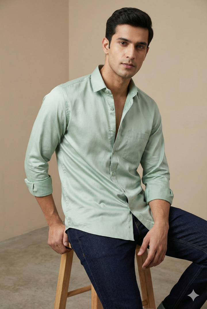 Men’s Solid Cotton Satin Formal Shirt – Mint Green - 26494