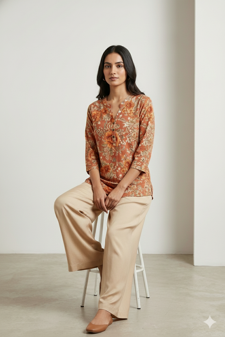 Rust Floral Printed Hip-Length Kurti with V-Notch Neck & 3/4 Sleeves - 26183