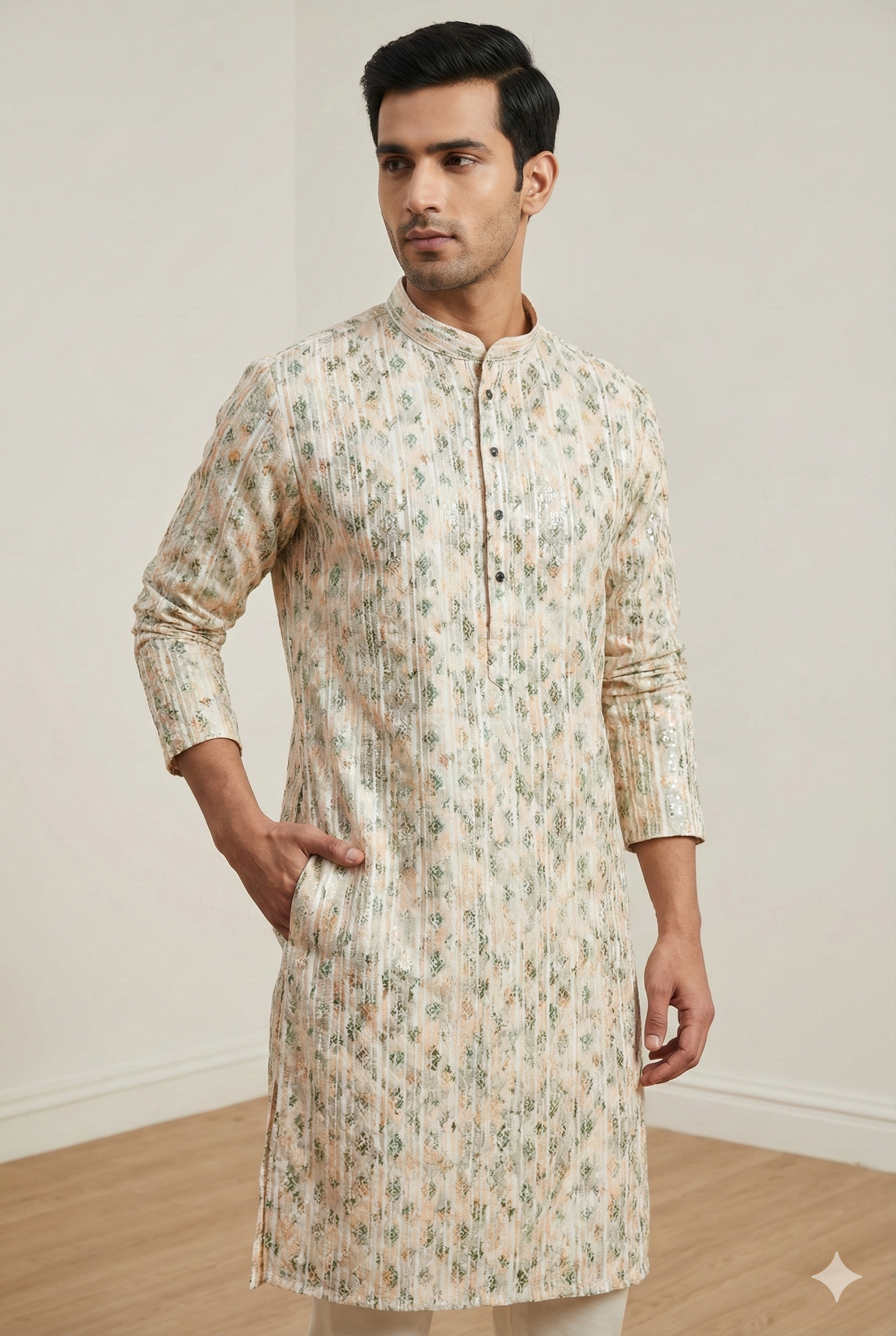 Men’s Pastel Ivory & Green Printed Textured Kurta Pajama - 26403