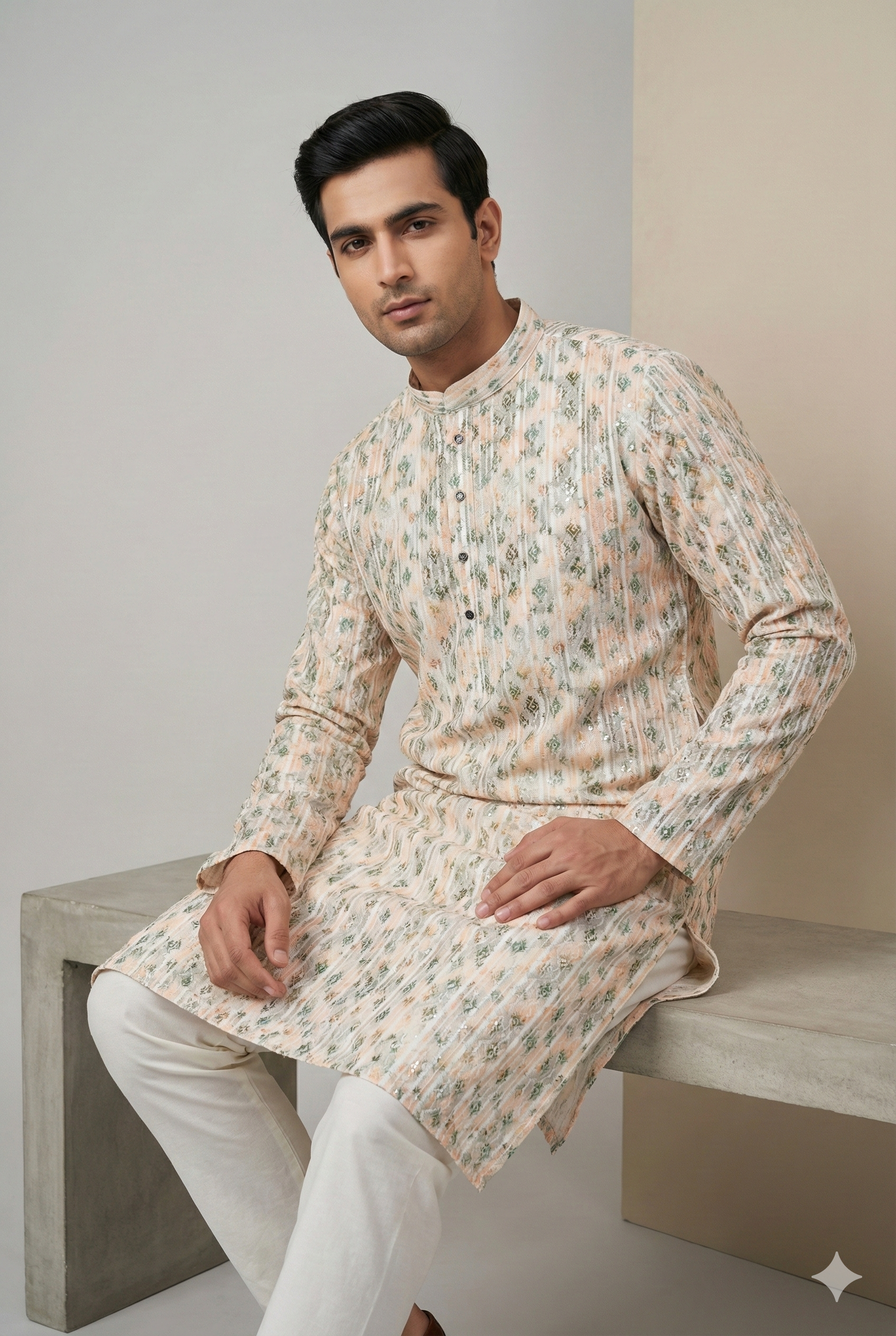 Men’s Pastel Ivory & Green Printed Textured Kurta Pajama - 26403