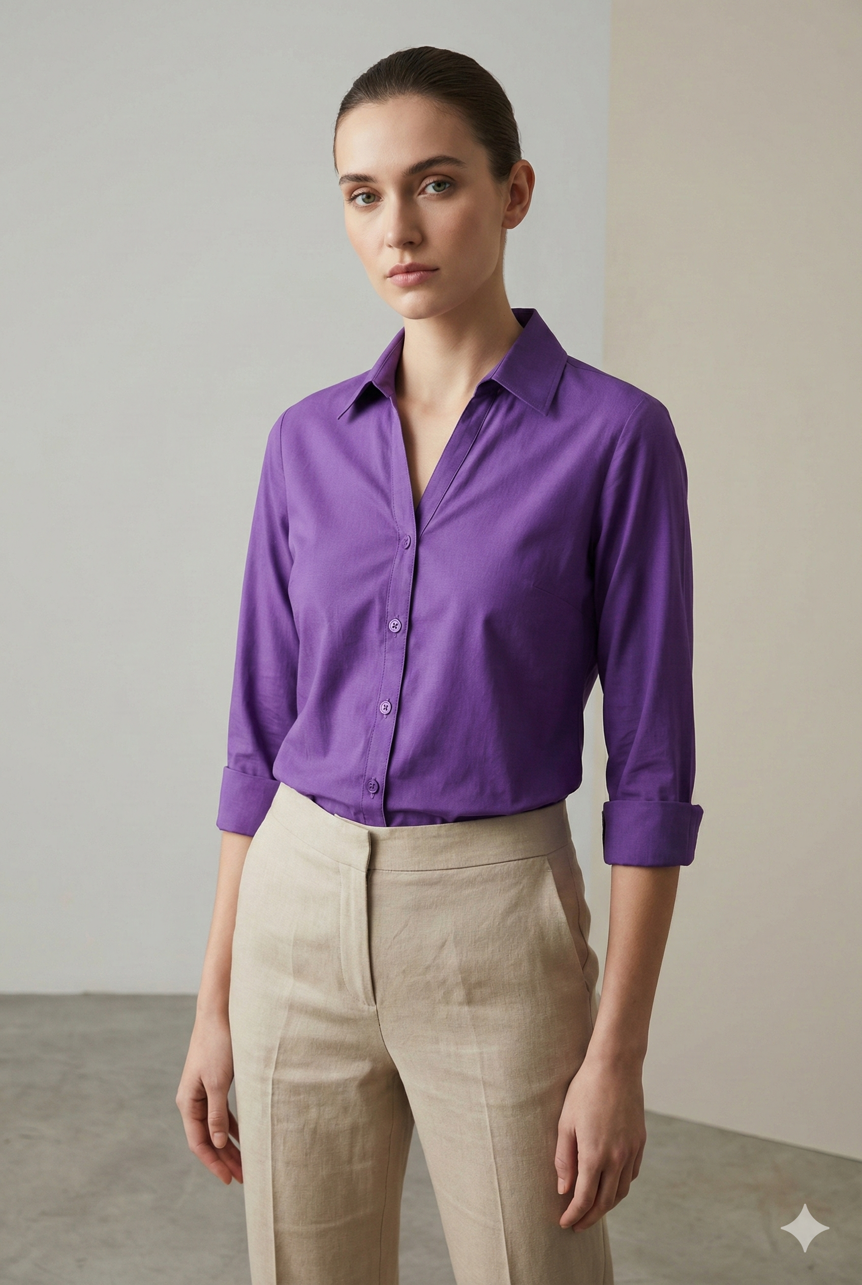 Women’s Solid Purple V-Neck Collared Shirt - 25329