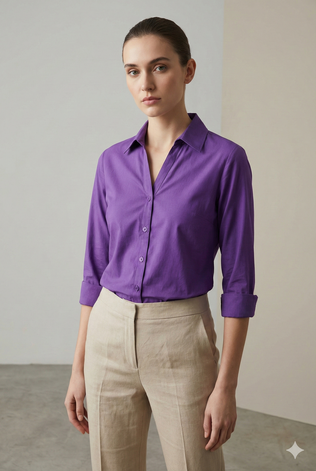 Women’s Solid Purple V-Neck Collared Shirt - 25329