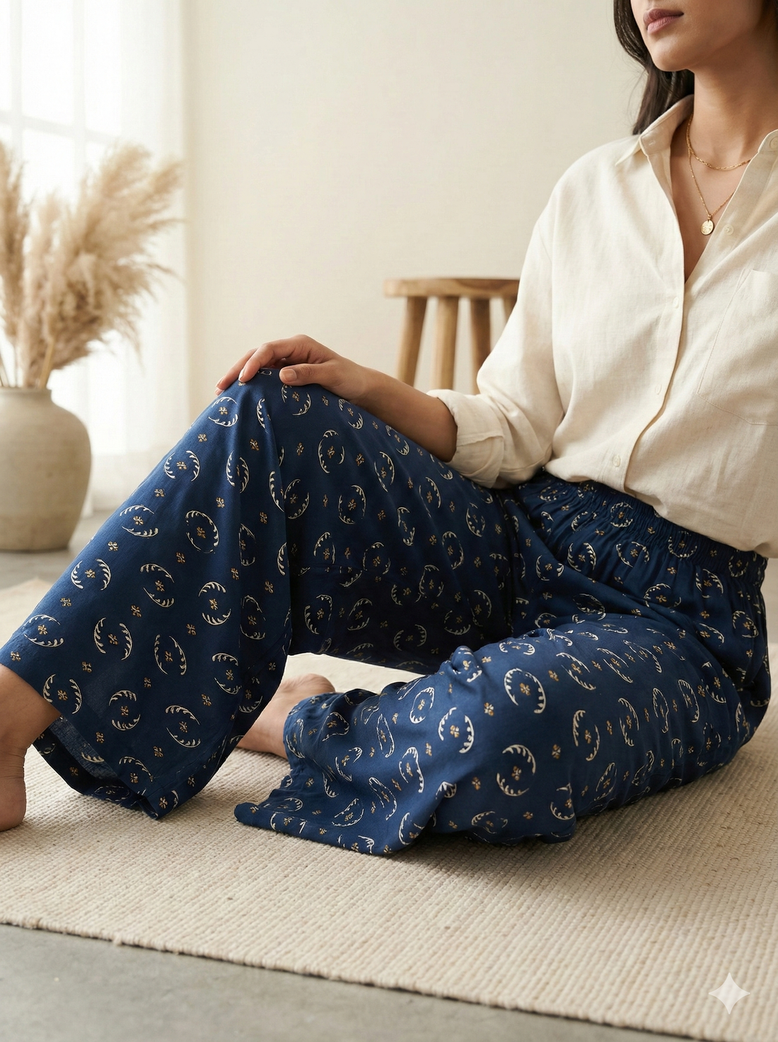 Navy Blue Ethnic Print Cotton Palazzo - 26349