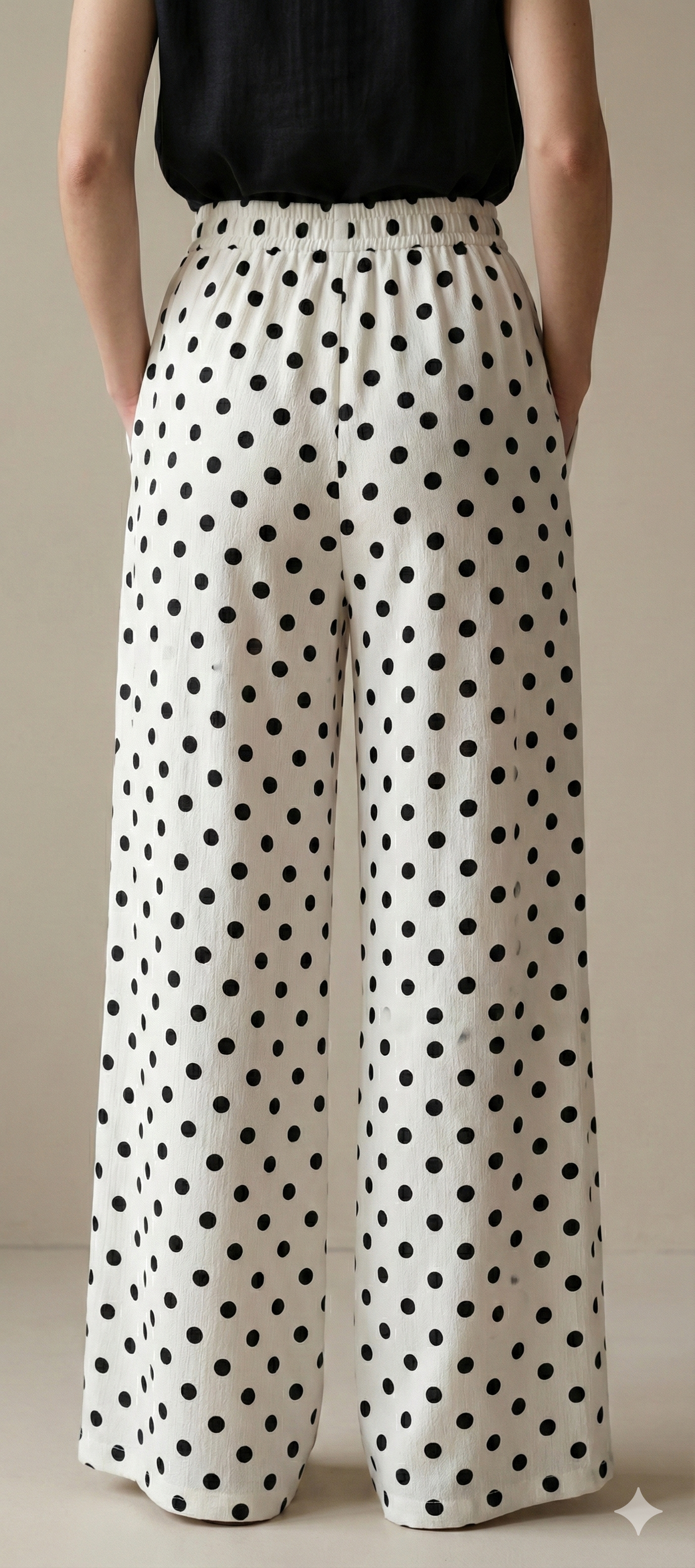 White & Black Polka Dot Elastic Waist Palazzo Pants - 26348
