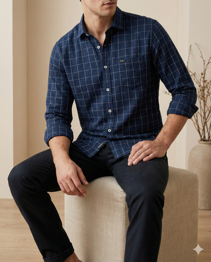 Rocck’z Men’s Premium Navy Blue Windowpane Check Shirt - 23204
