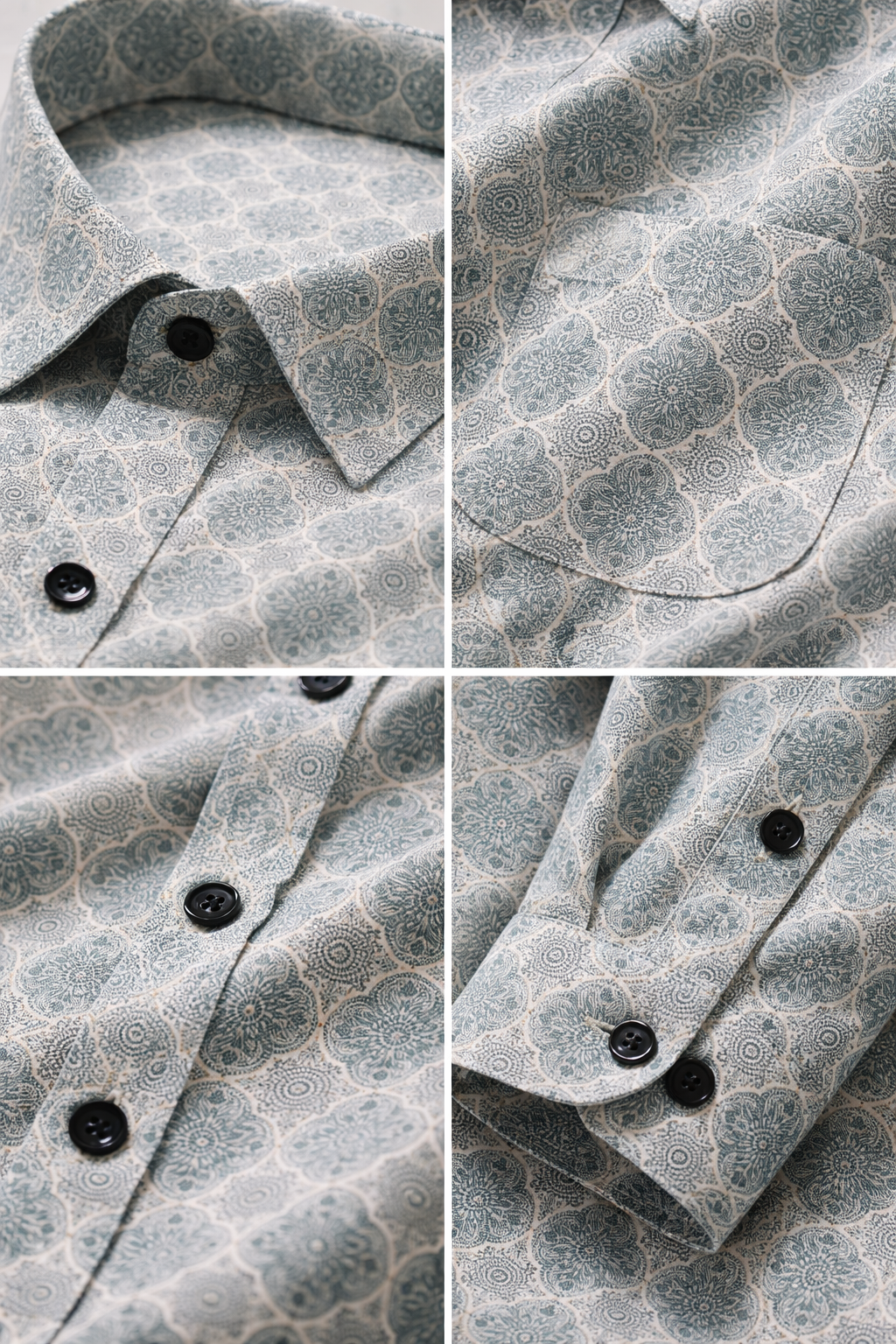 Men’s Premium Cotton Printed Casual Shirt – Teal & White Micro-Mandala Pattern - 25605