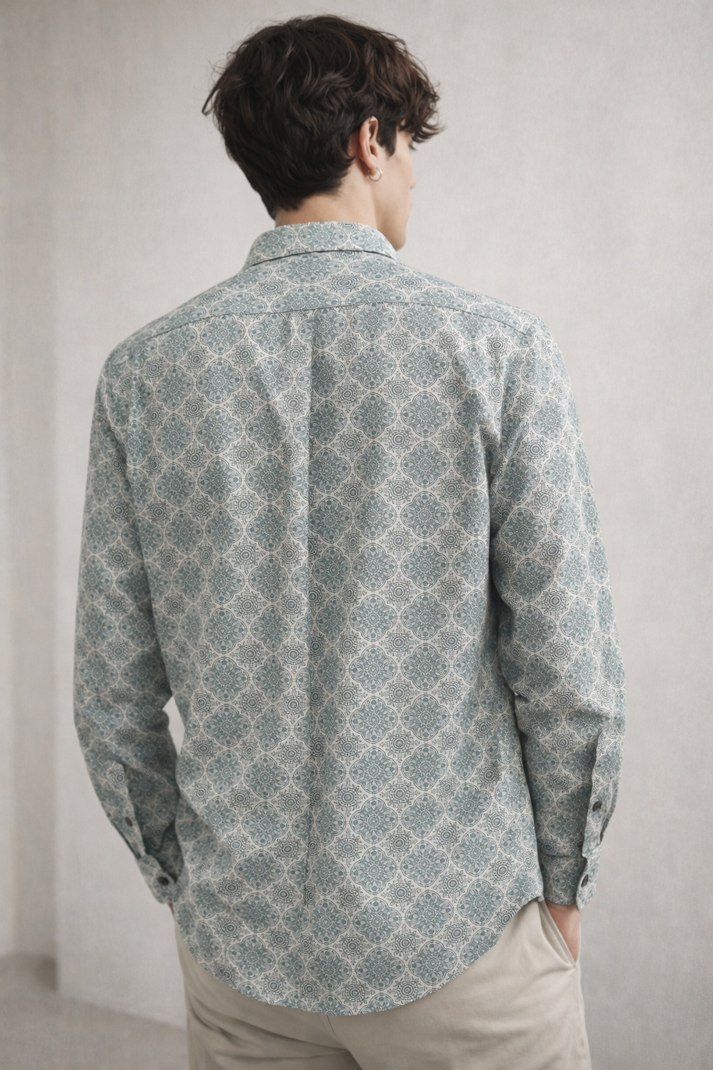 Men’s Premium Cotton Printed Casual Shirt – Teal & White Micro-Mandala Pattern - 25605