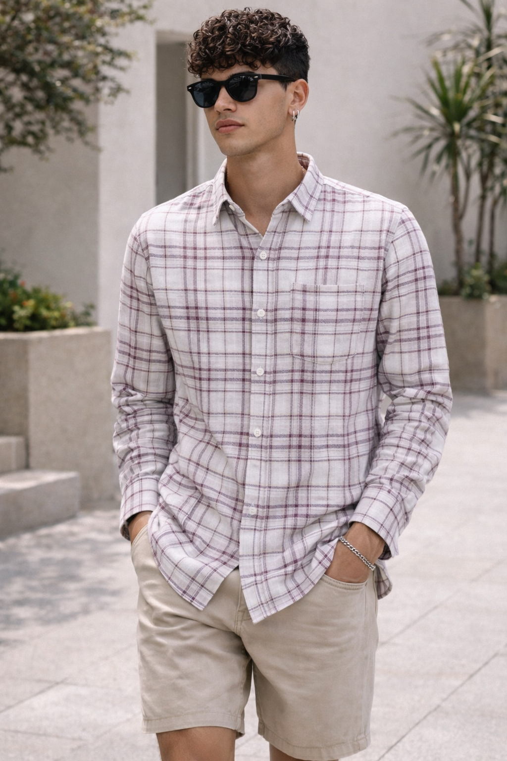 Burgundy & Ash Textured Grid Cotton Shirt - 26224