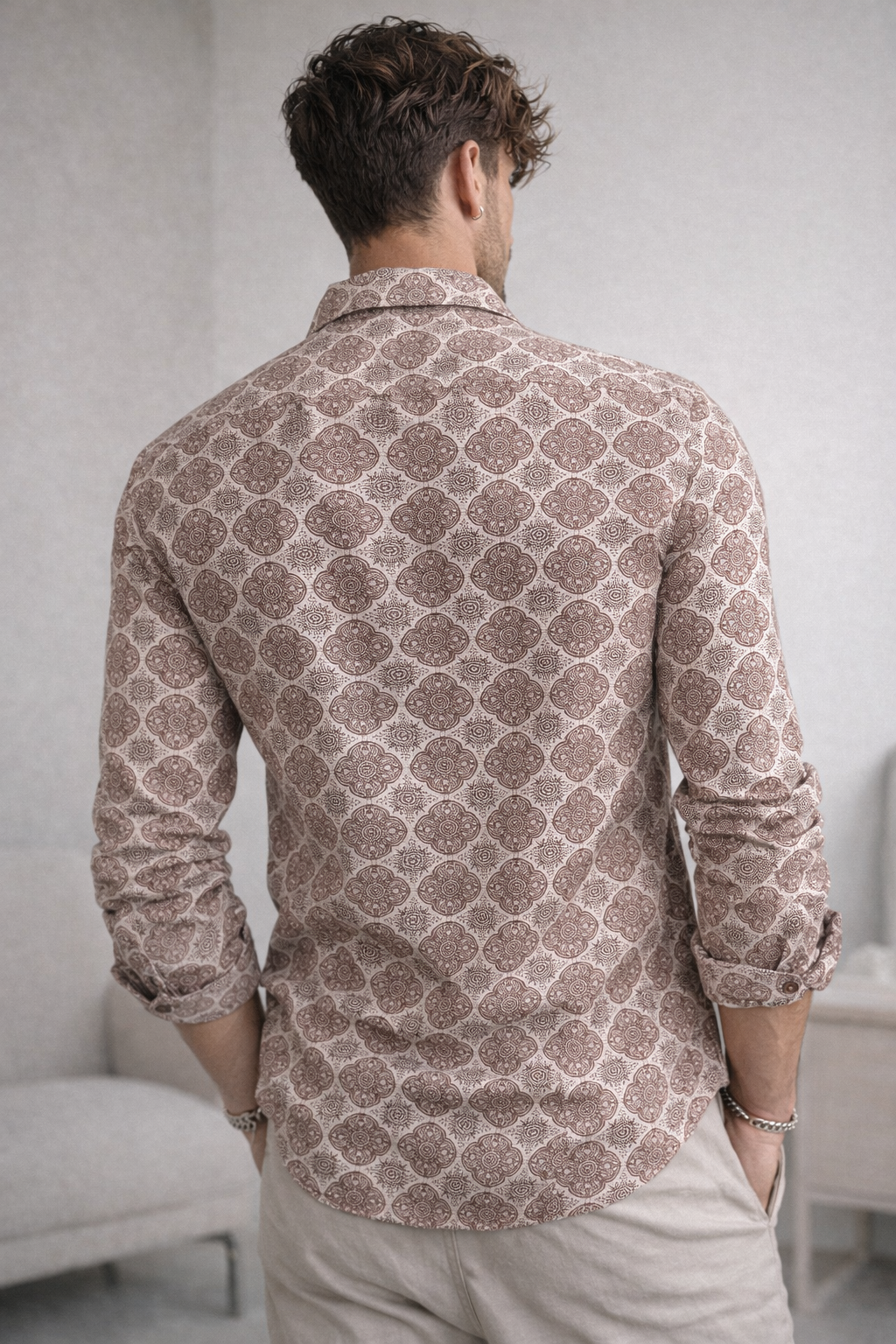 Men’s Premium Printed Cotton Shirt – Maroon Mandala Pattern - 25607