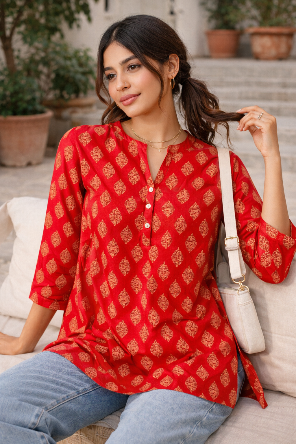 Women's Vibrant Red Ethnic Motif Print Kurti - 26532