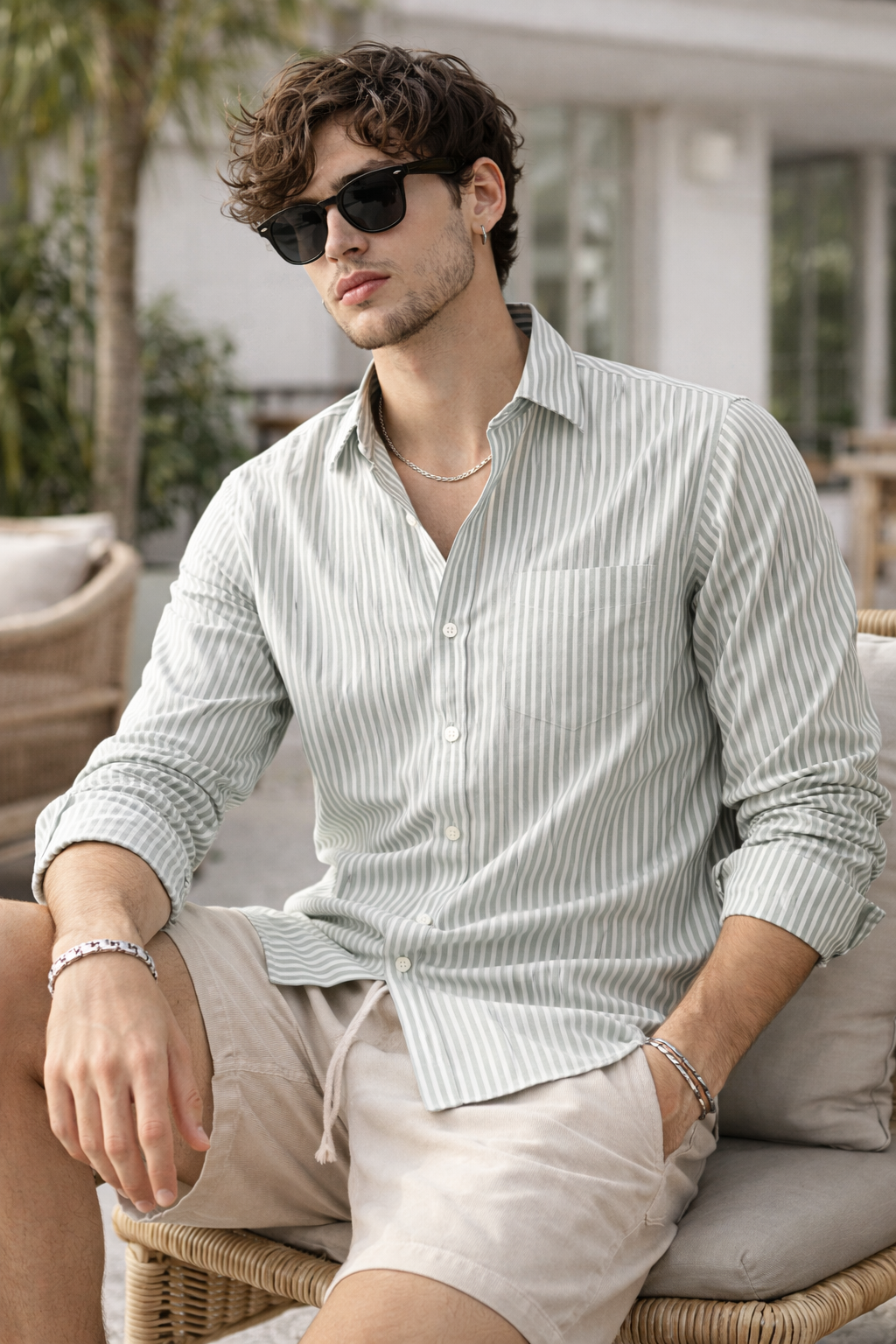 Men's Green & White Striped Premium Cotton Shirt - 26318