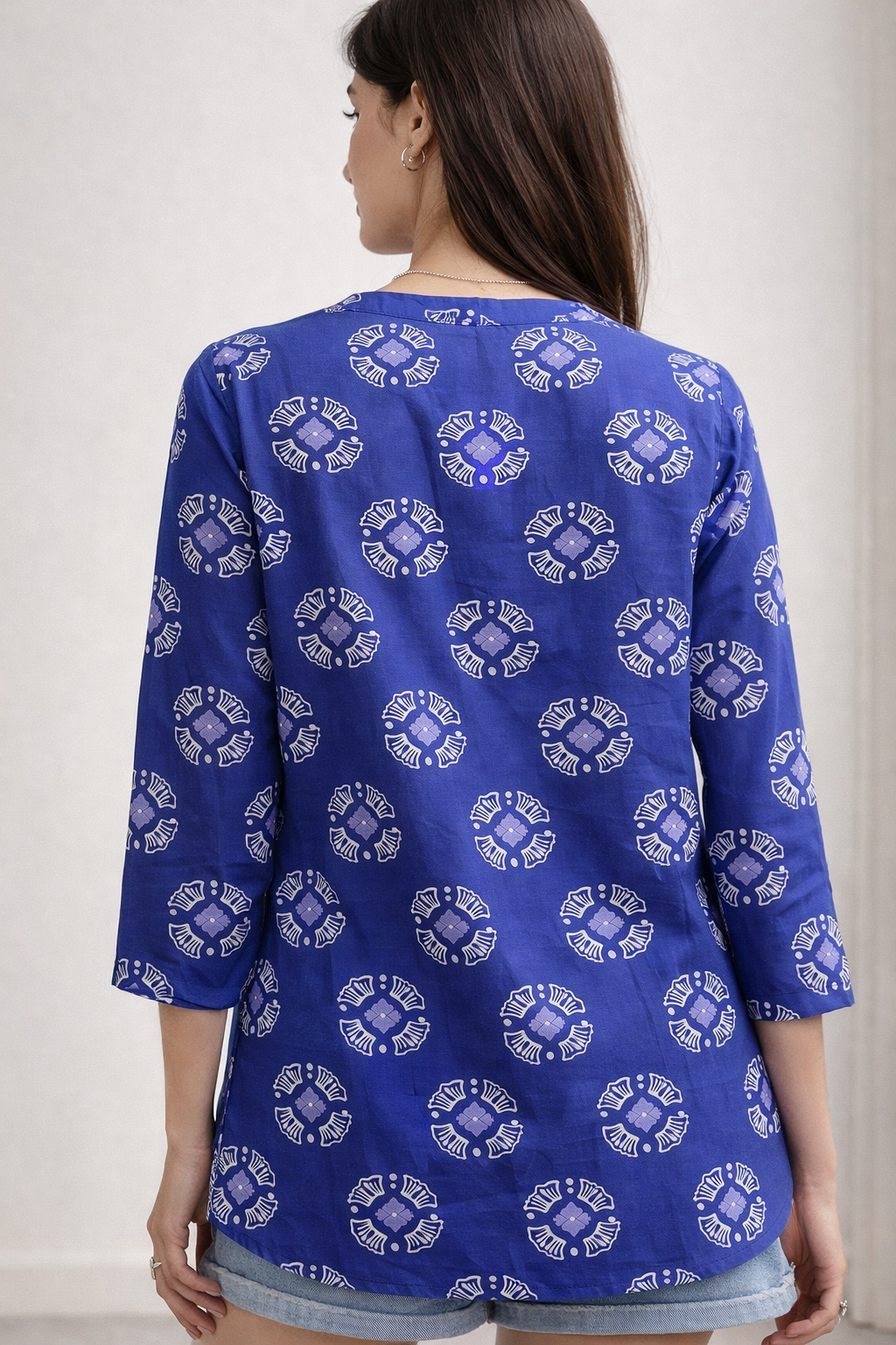 Women’s Indigo Blue Printed Cotton Kurti - 26008