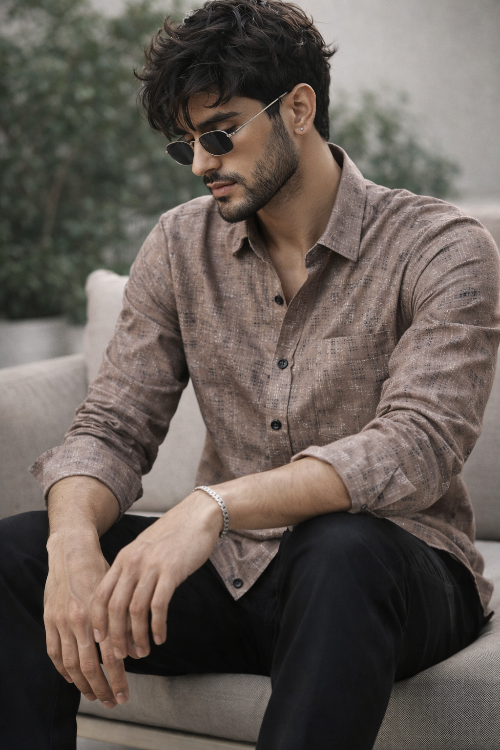 Men’s Premium Textured Printed Shirt – Taupe Beige with Abstract Pattern - 25598