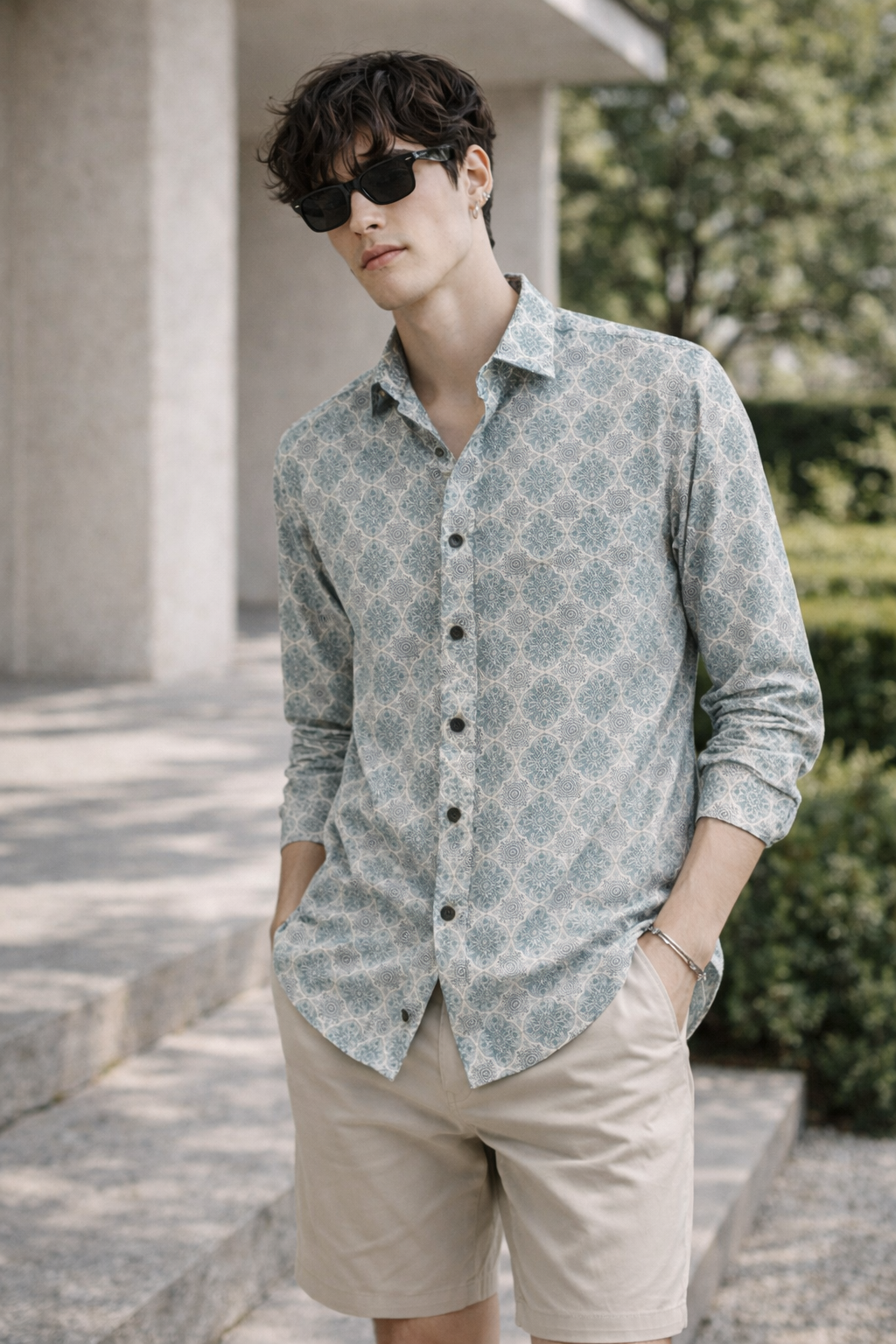 Men’s Premium Cotton Printed Casual Shirt – Teal & White Micro-Mandala Pattern - 25605