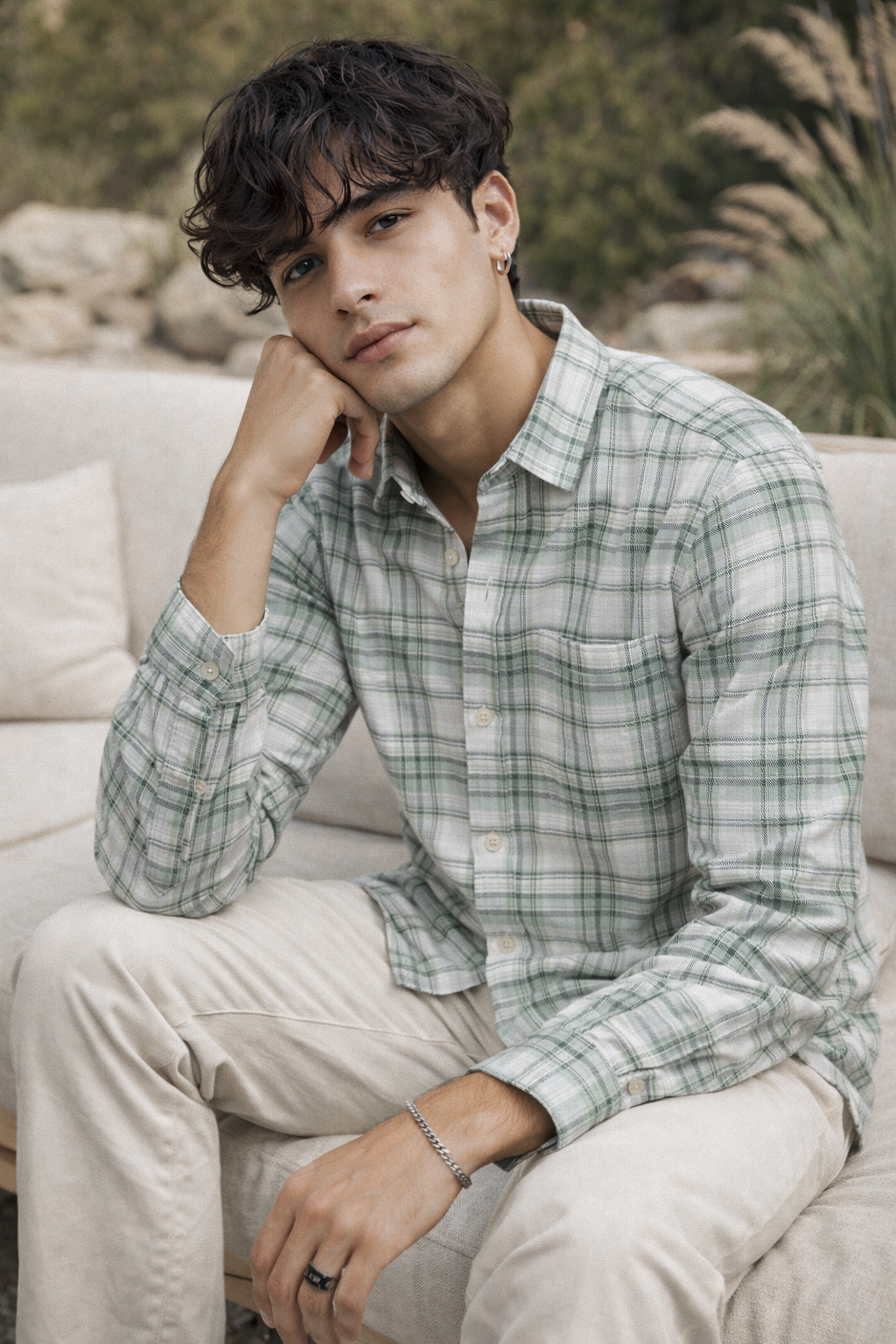 Sage Green & White Checkered Cotton Casual Shirt - 26225