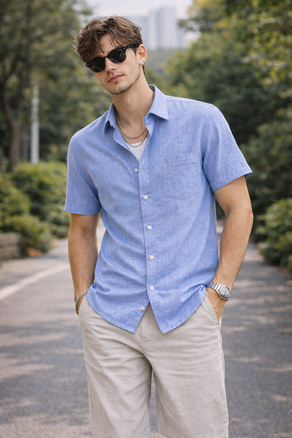Men's Blue Micro-Textured Cotton Blend - 98