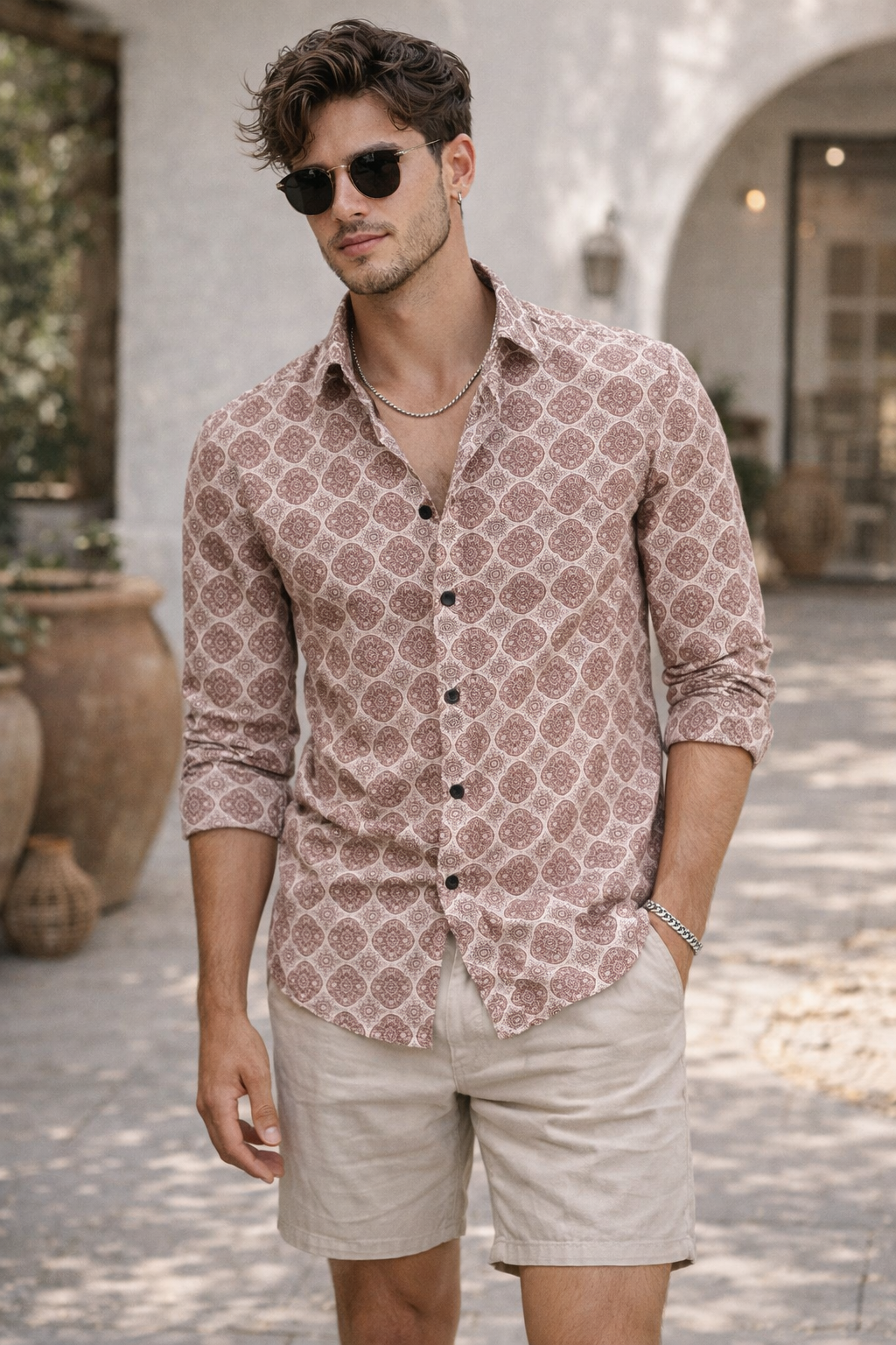 Men’s Premium Printed Cotton Shirt – Maroon Mandala Pattern - 25607
