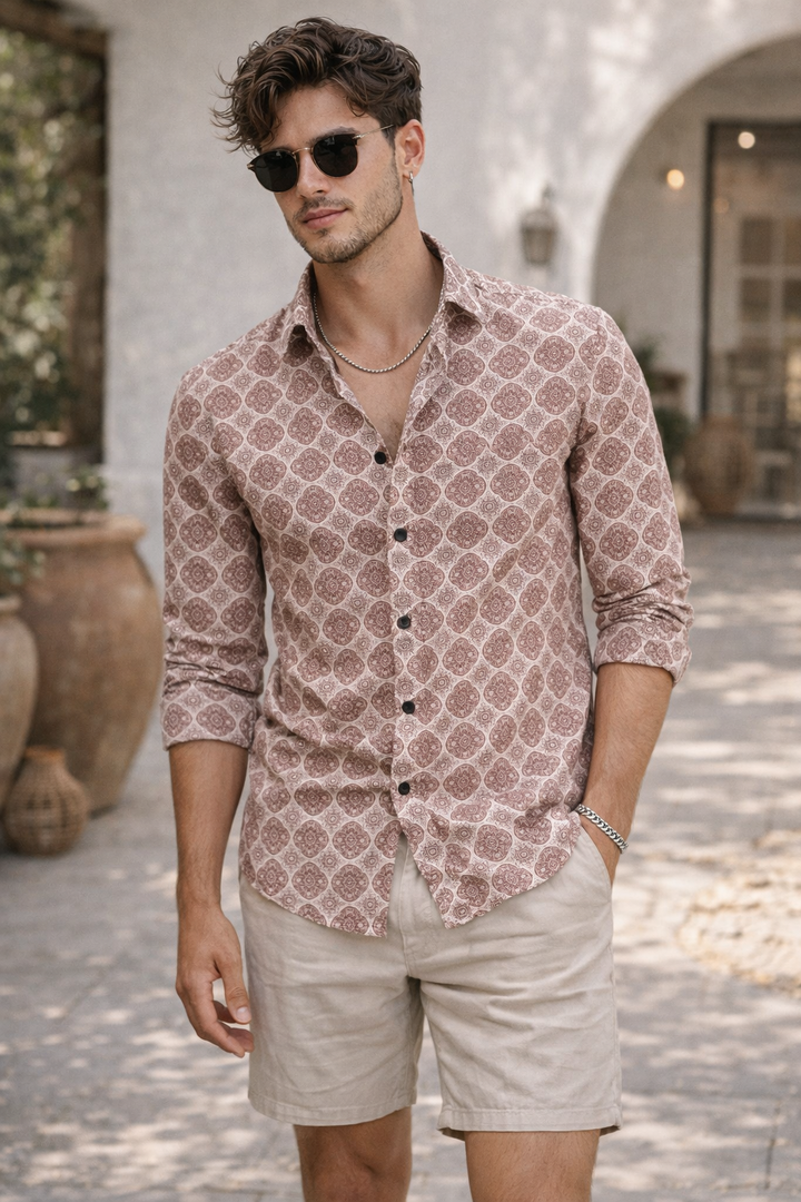 Men’s Premium Printed Cotton Shirt – Maroon Mandala Pattern - 25607