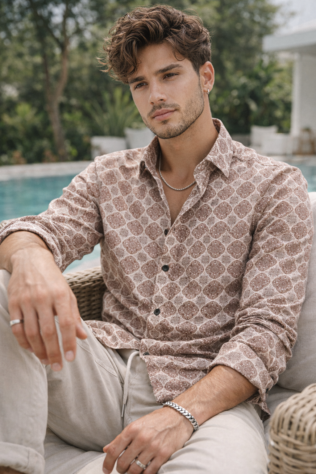Men’s Premium Printed Cotton Shirt – Maroon Mandala Pattern - 25607